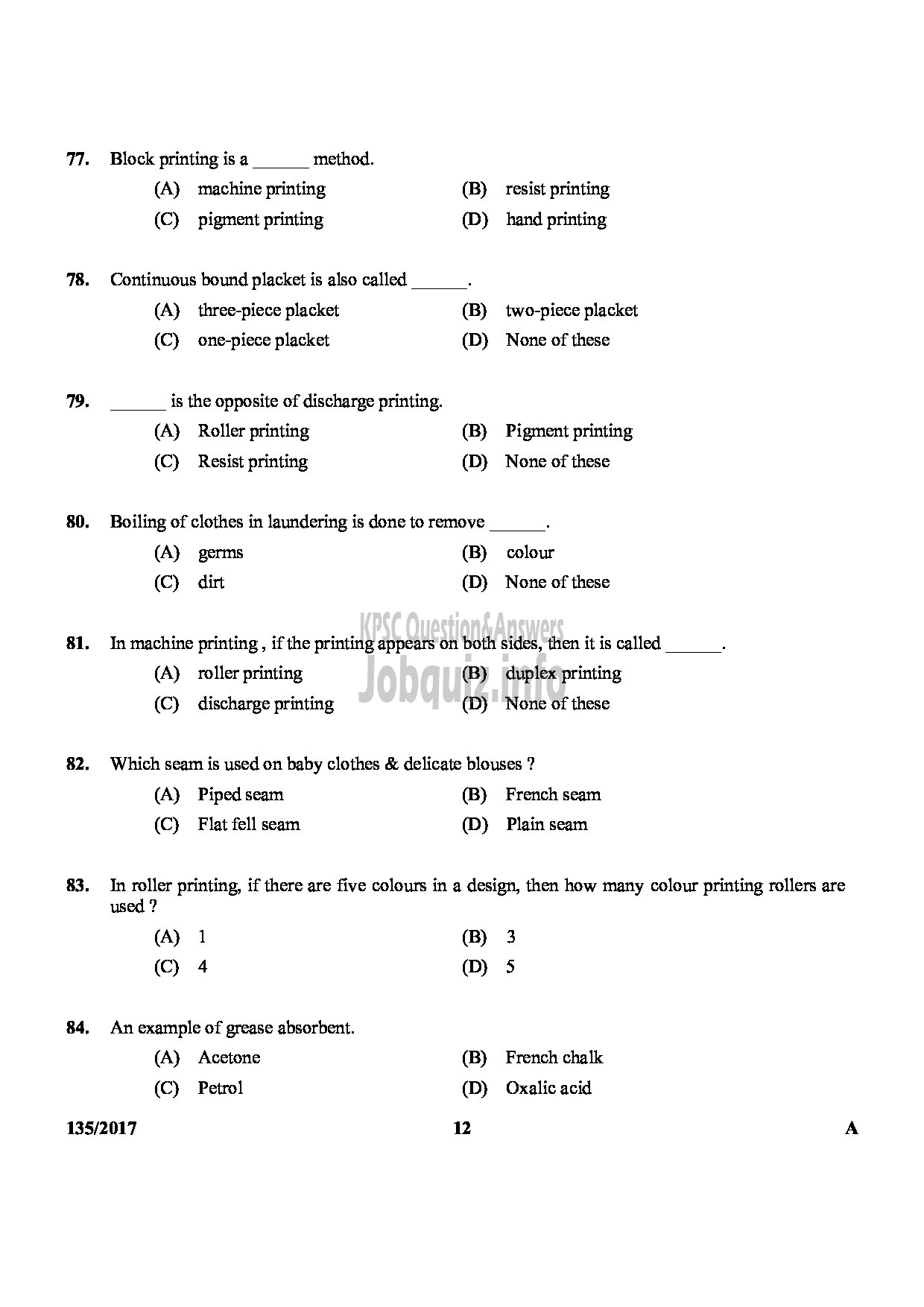 Kerala PSC Question Paper - JUNIOR INSTRUCTOR TAILORING AND GARMENT MAKING-12