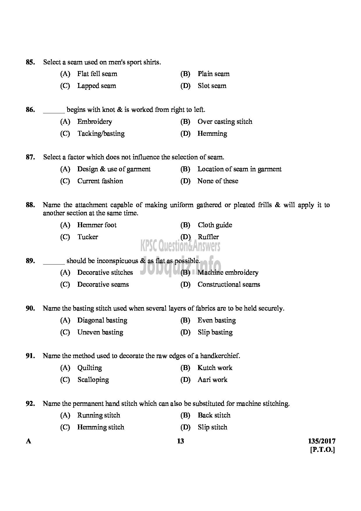 Kerala PSC Question Paper - JUNIOR INSTRUCTOR TAILORING AND GARMENT MAKING-13