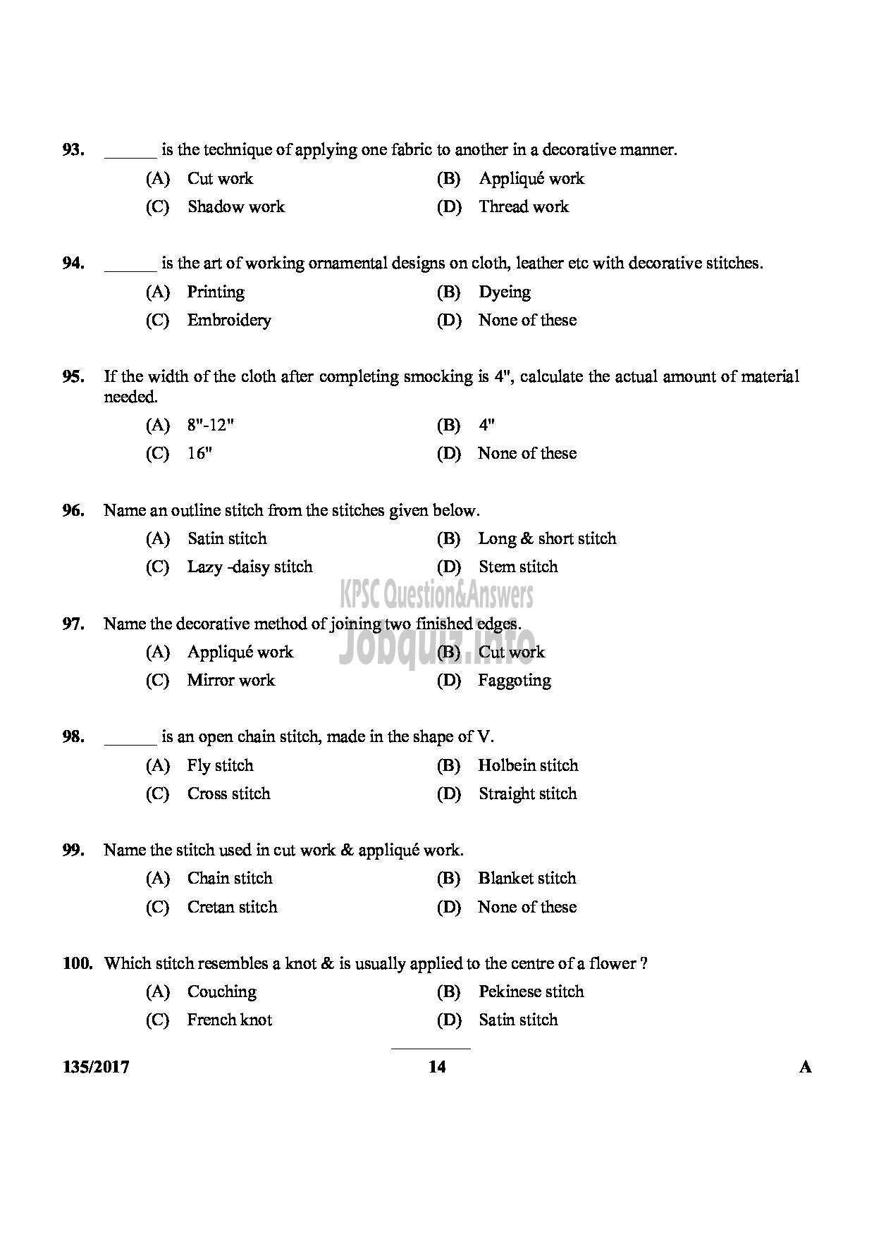 Kerala PSC Question Paper - JUNIOR INSTRUCTOR TAILORING AND GARMENT MAKING-14