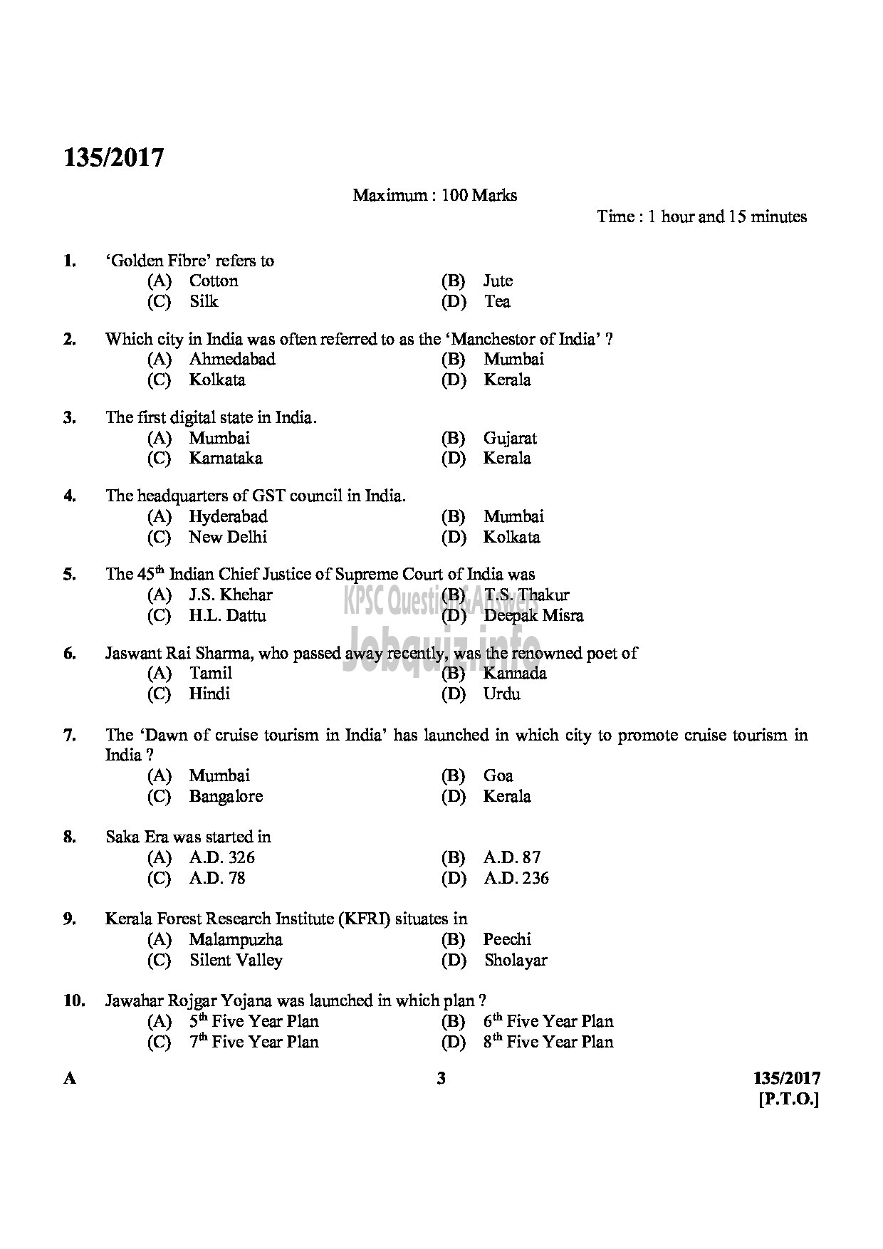 Kerala PSC Question Paper - JUNIOR INSTRUCTOR TAILORING AND GARMENT MAKING-3