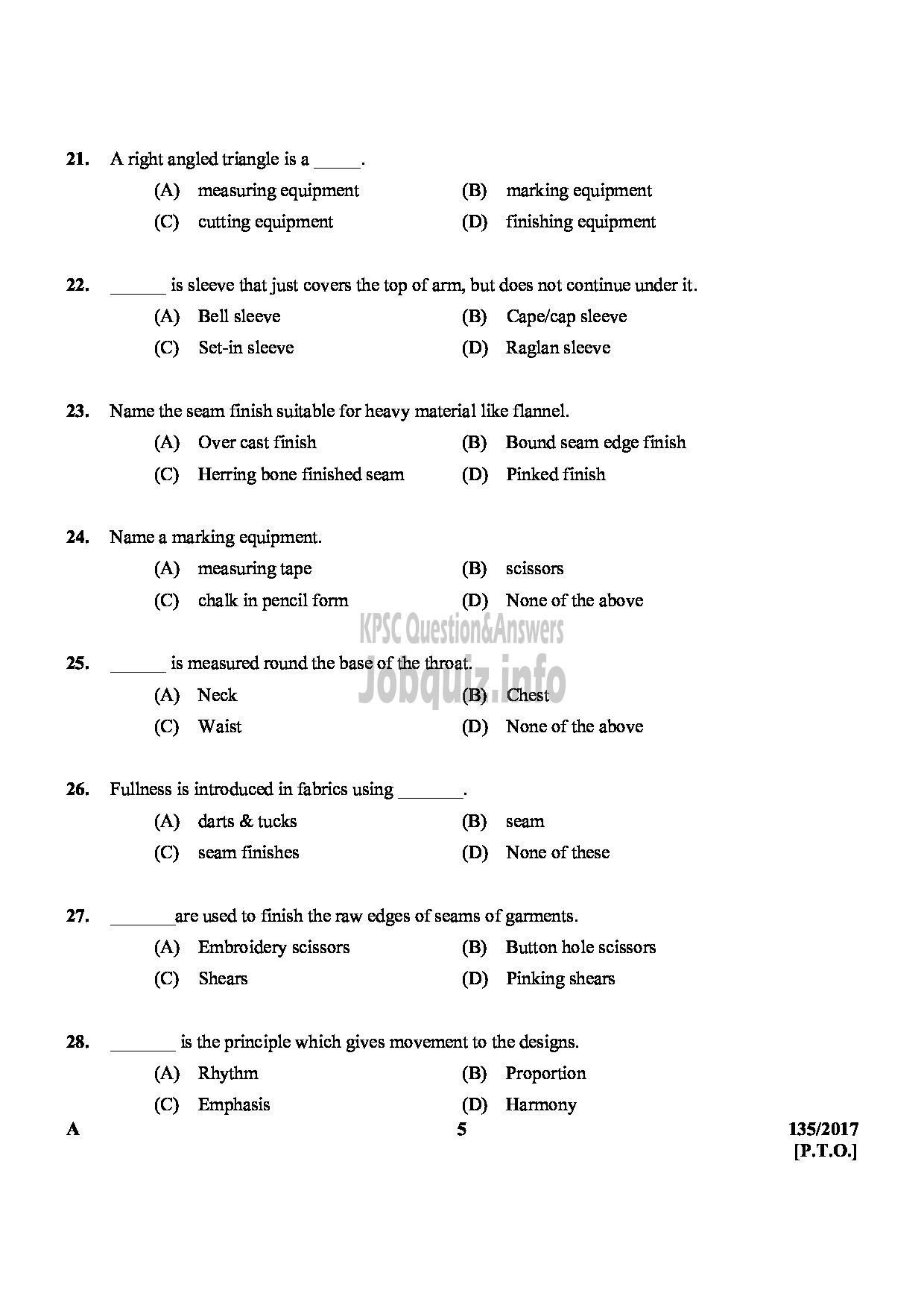 Kerala PSC Question Paper - JUNIOR INSTRUCTOR TAILORING AND GARMENT MAKING-5