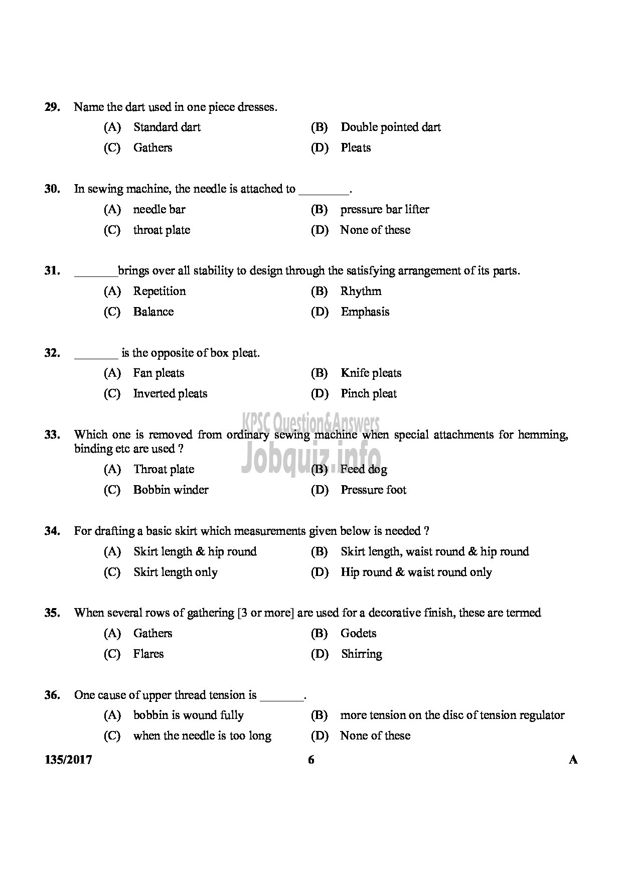 Kerala PSC Question Paper - JUNIOR INSTRUCTOR TAILORING AND GARMENT MAKING-6