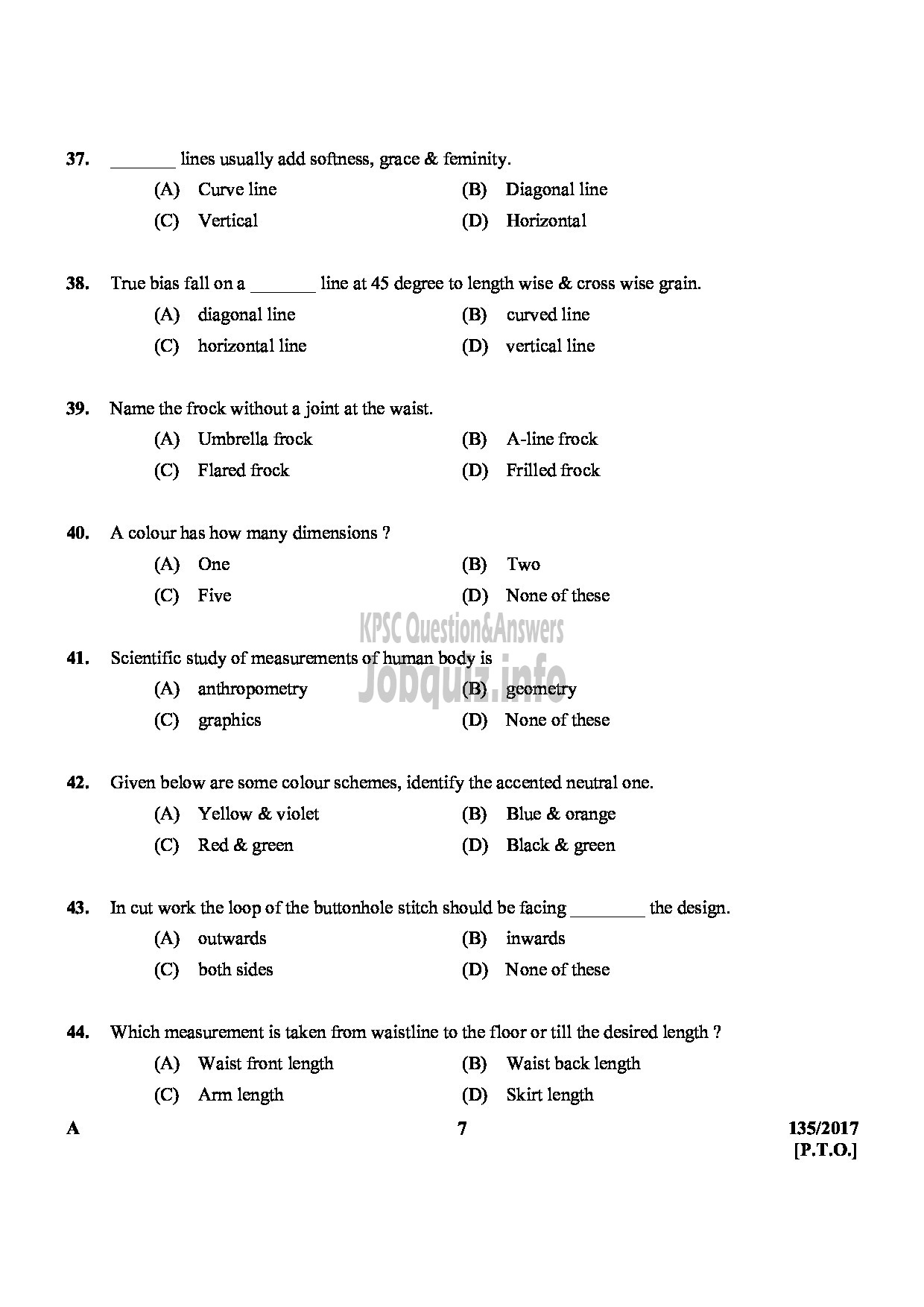 Kerala PSC Question Paper - JUNIOR INSTRUCTOR TAILORING AND GARMENT MAKING-7