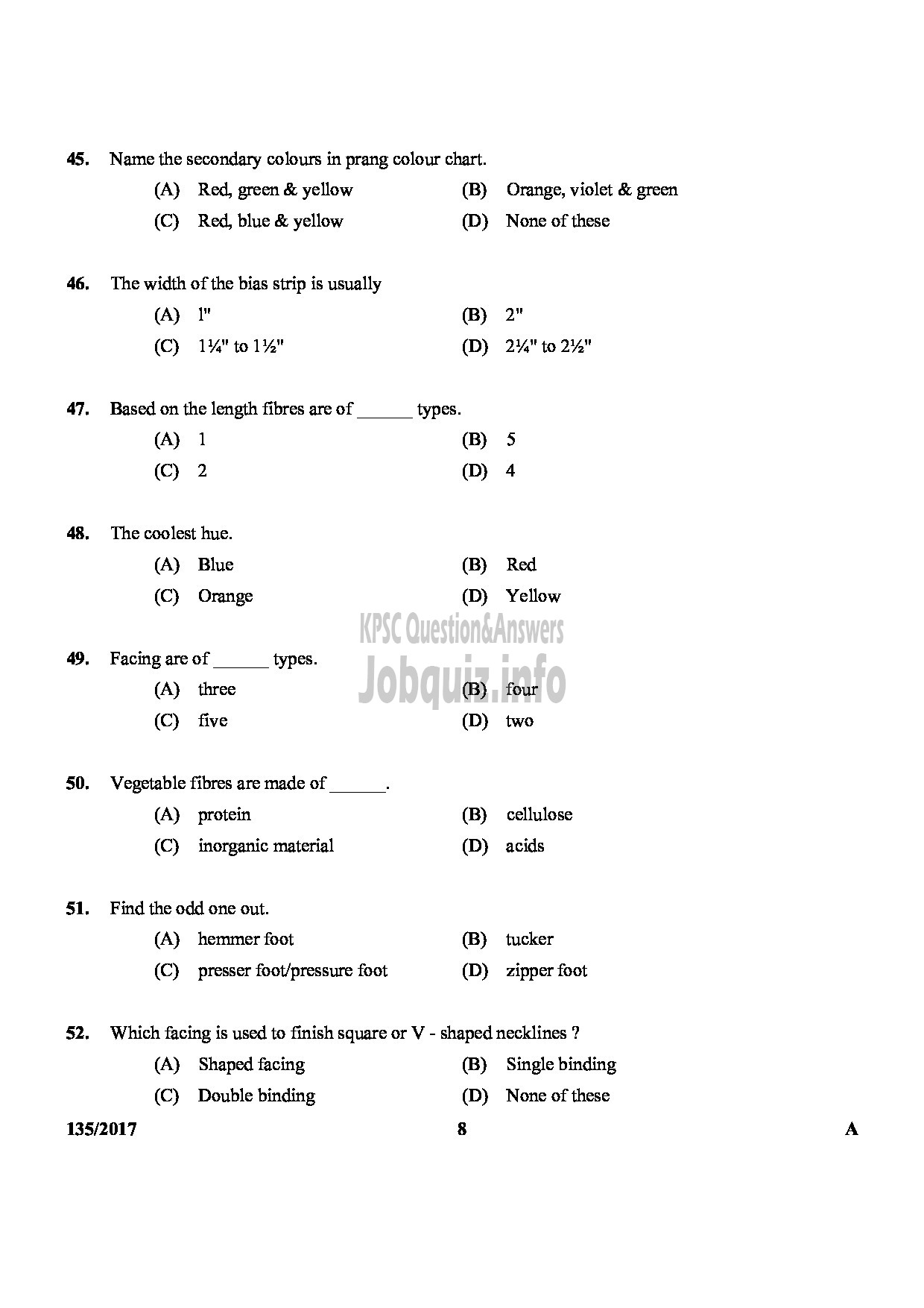 Kerala PSC Question Paper - JUNIOR INSTRUCTOR TAILORING AND GARMENT MAKING-8