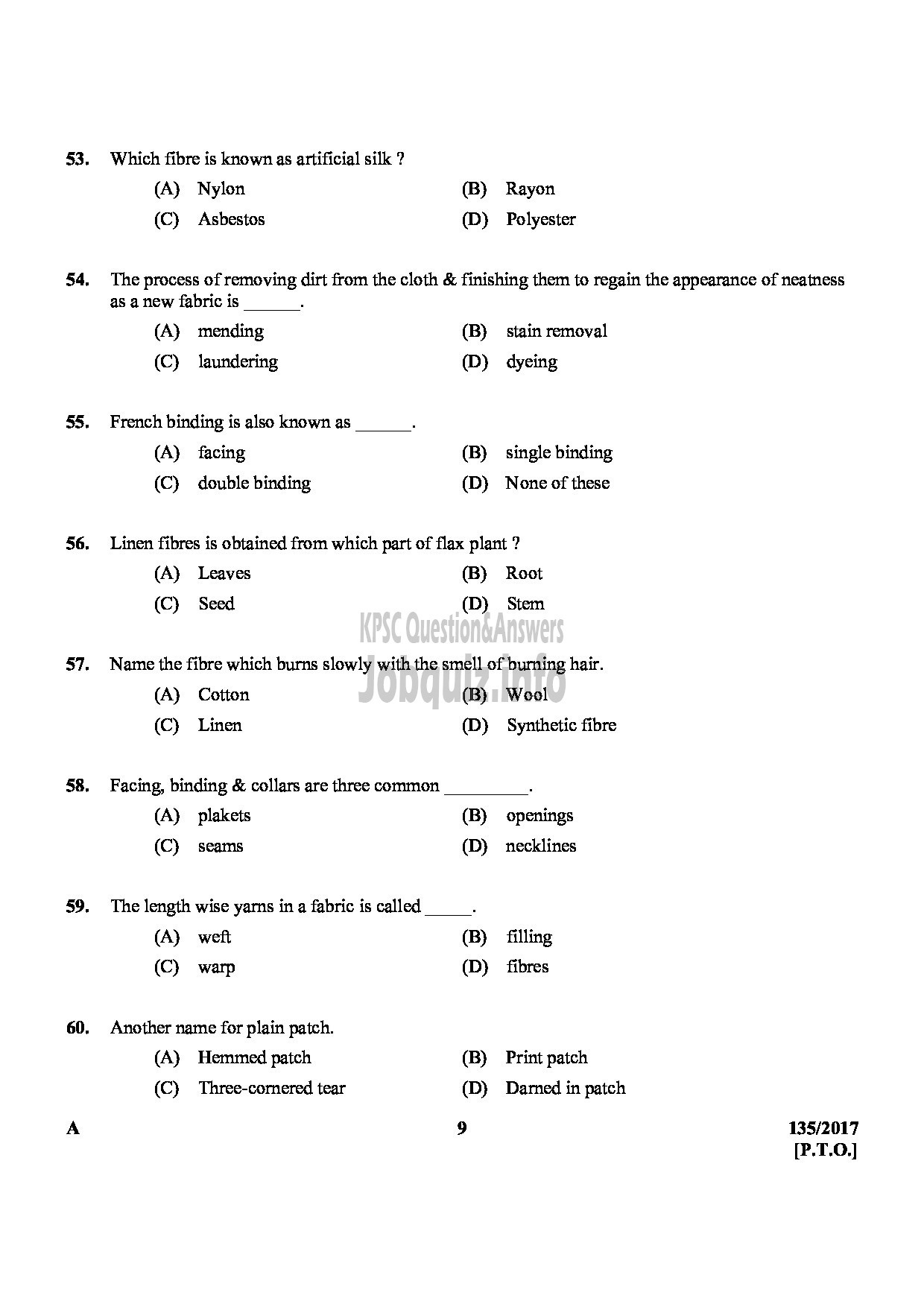 Kerala PSC Question Paper - JUNIOR INSTRUCTOR TAILORING AND GARMENT MAKING-9