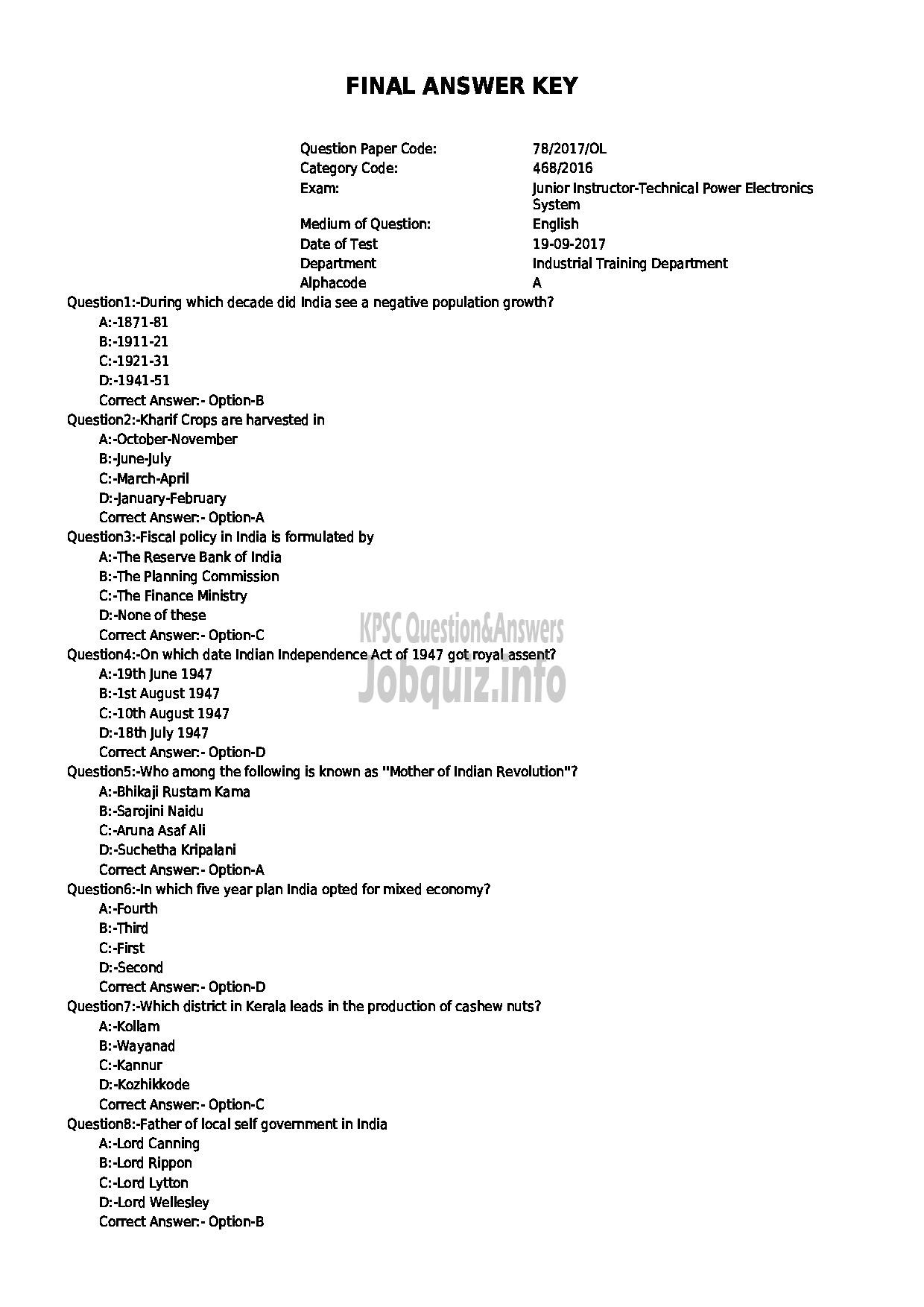 Kerala PSC Question Paper - JUNIOR INSTRUCTOR TECHNICAL POWER ELECTRONICS SYSTEM INDUSTRIAL TRAINING-1