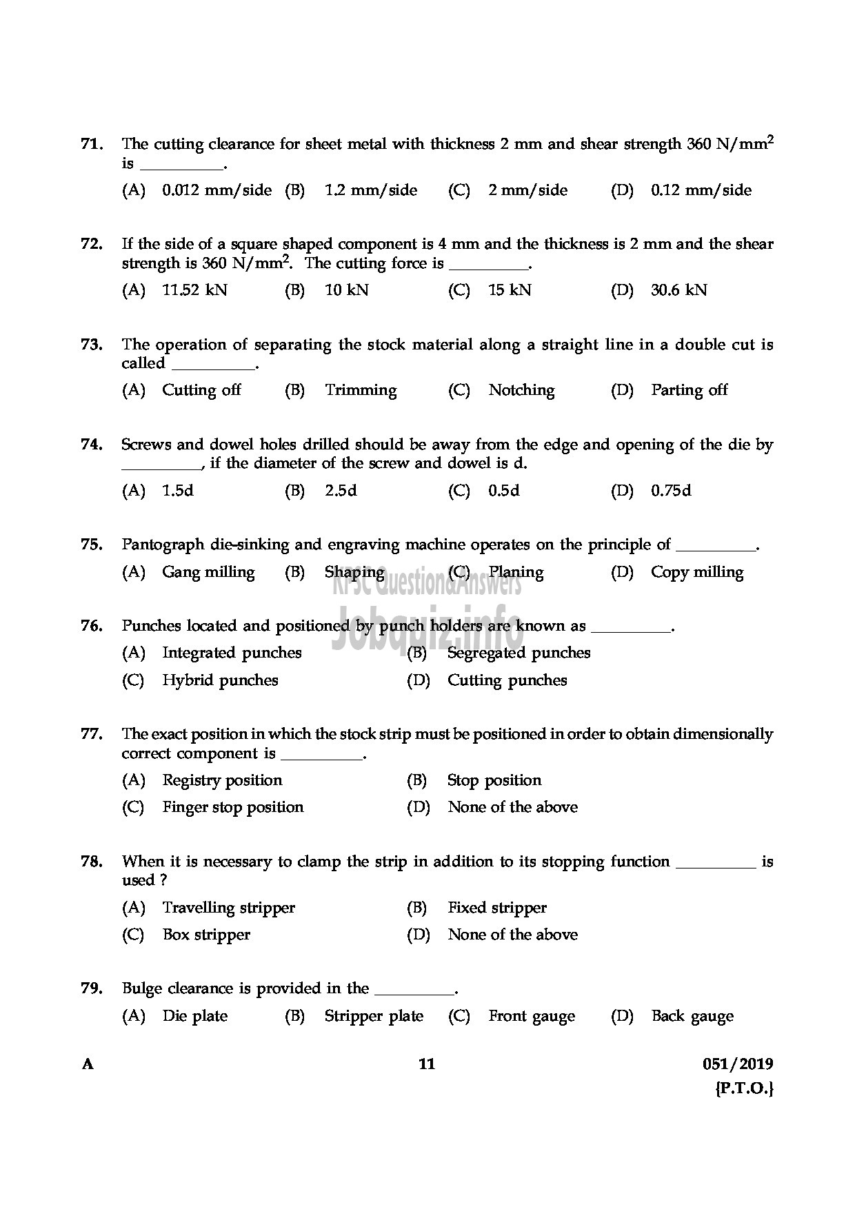 Kerala PSC Question Paper - JUNIOR INSTRUCTOR TOOL & DIE MAKER INDUSTRIAL TRAINING English -11