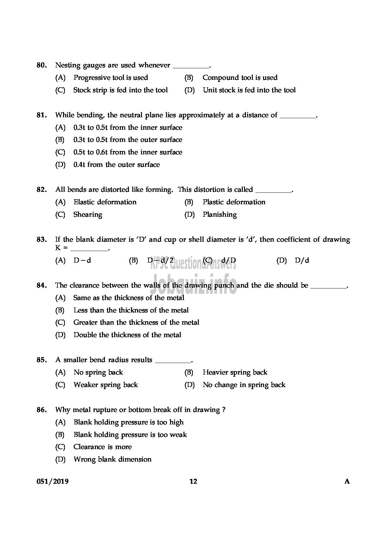 Kerala PSC Question Paper - JUNIOR INSTRUCTOR TOOL & DIE MAKER INDUSTRIAL TRAINING English -12