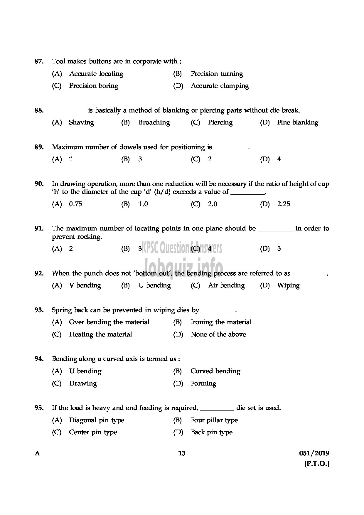 Kerala PSC Question Paper - JUNIOR INSTRUCTOR TOOL & DIE MAKER INDUSTRIAL TRAINING English -13
