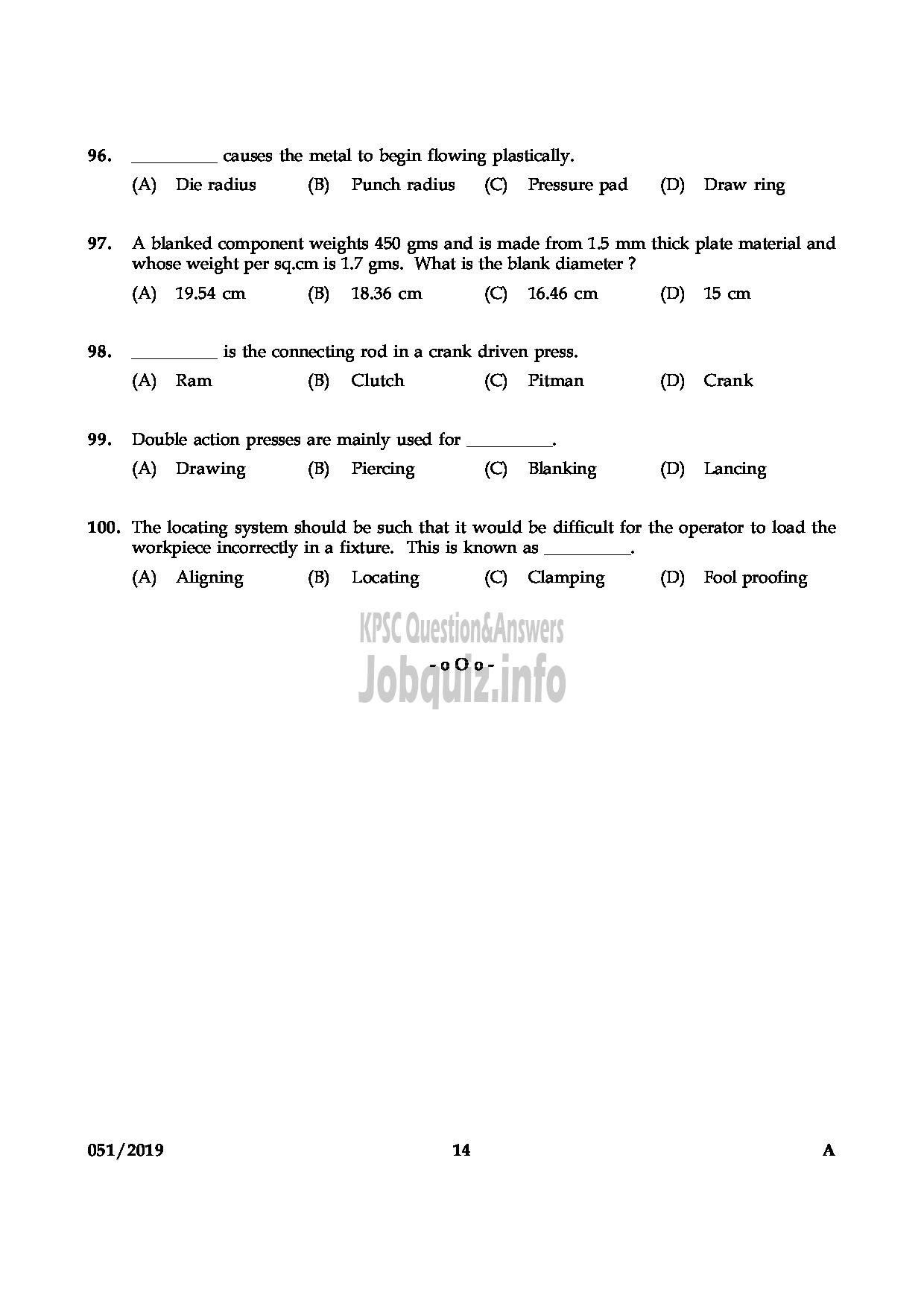 Kerala PSC Question Paper - JUNIOR INSTRUCTOR TOOL & DIE MAKER INDUSTRIAL TRAINING English -14