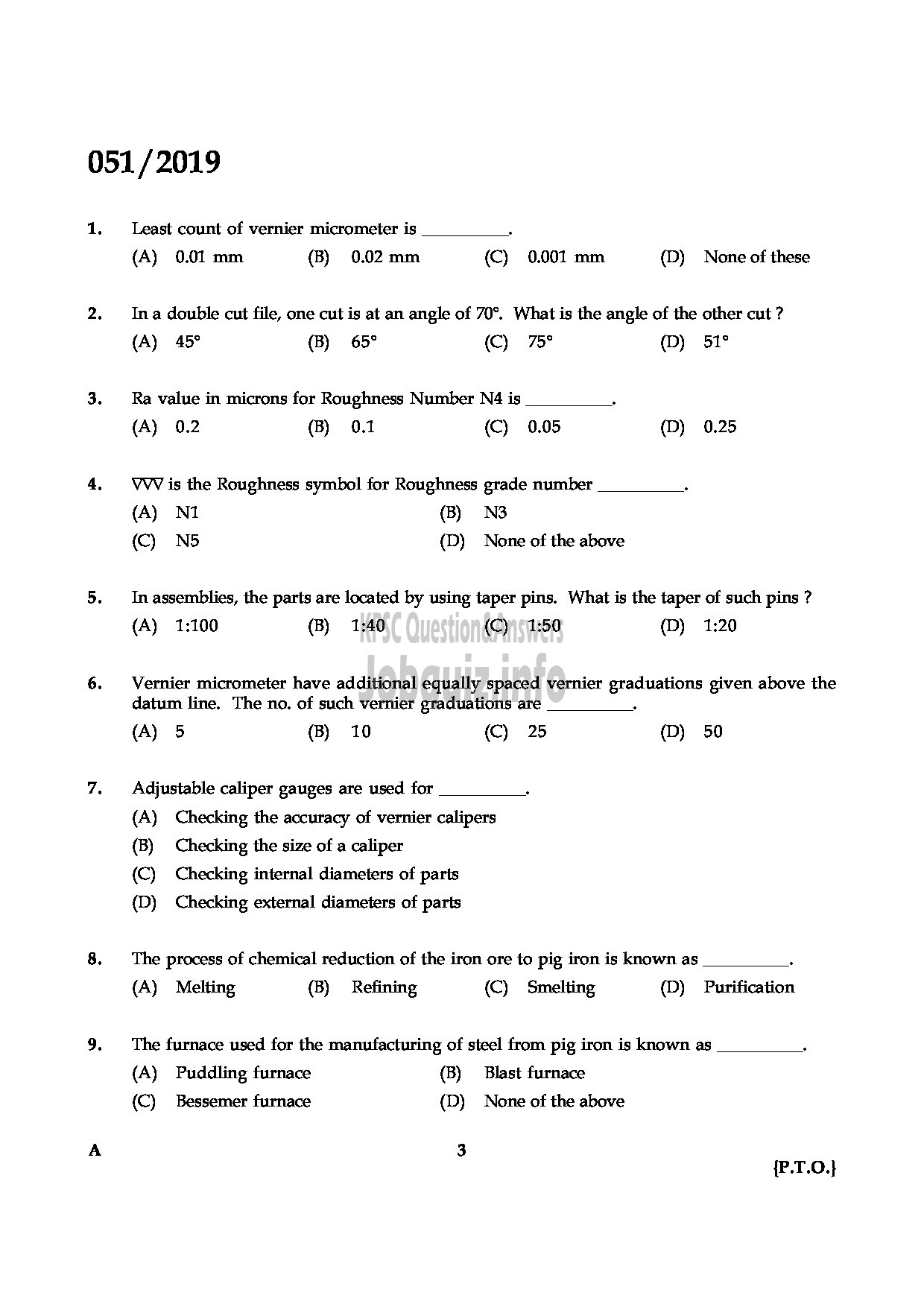 Kerala PSC Question Paper - JUNIOR INSTRUCTOR TOOL & DIE MAKER INDUSTRIAL TRAINING English -3