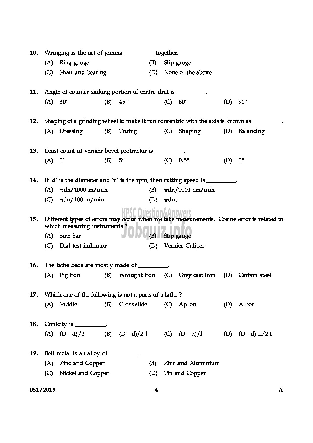 Kerala PSC Question Paper - JUNIOR INSTRUCTOR TOOL & DIE MAKER INDUSTRIAL TRAINING English -4