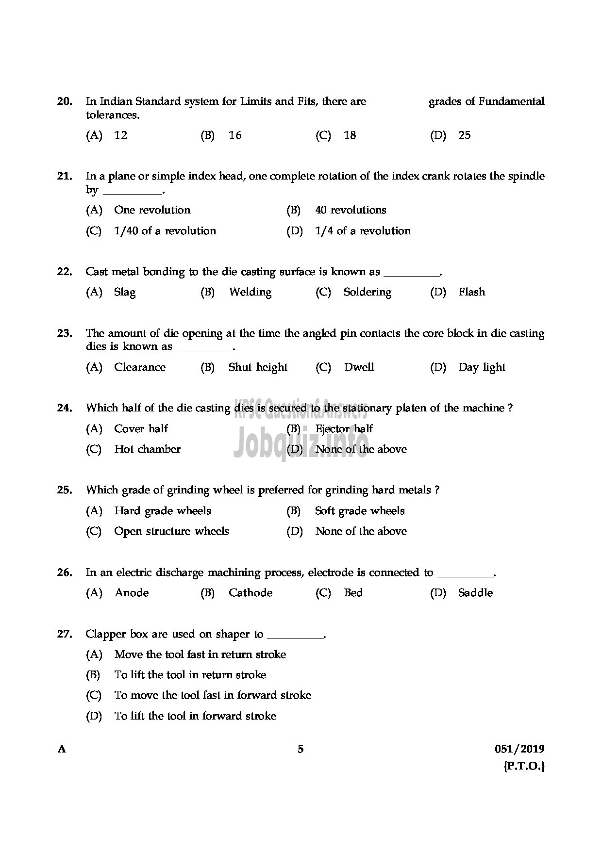 Kerala PSC Question Paper - JUNIOR INSTRUCTOR TOOL & DIE MAKER INDUSTRIAL TRAINING English -5