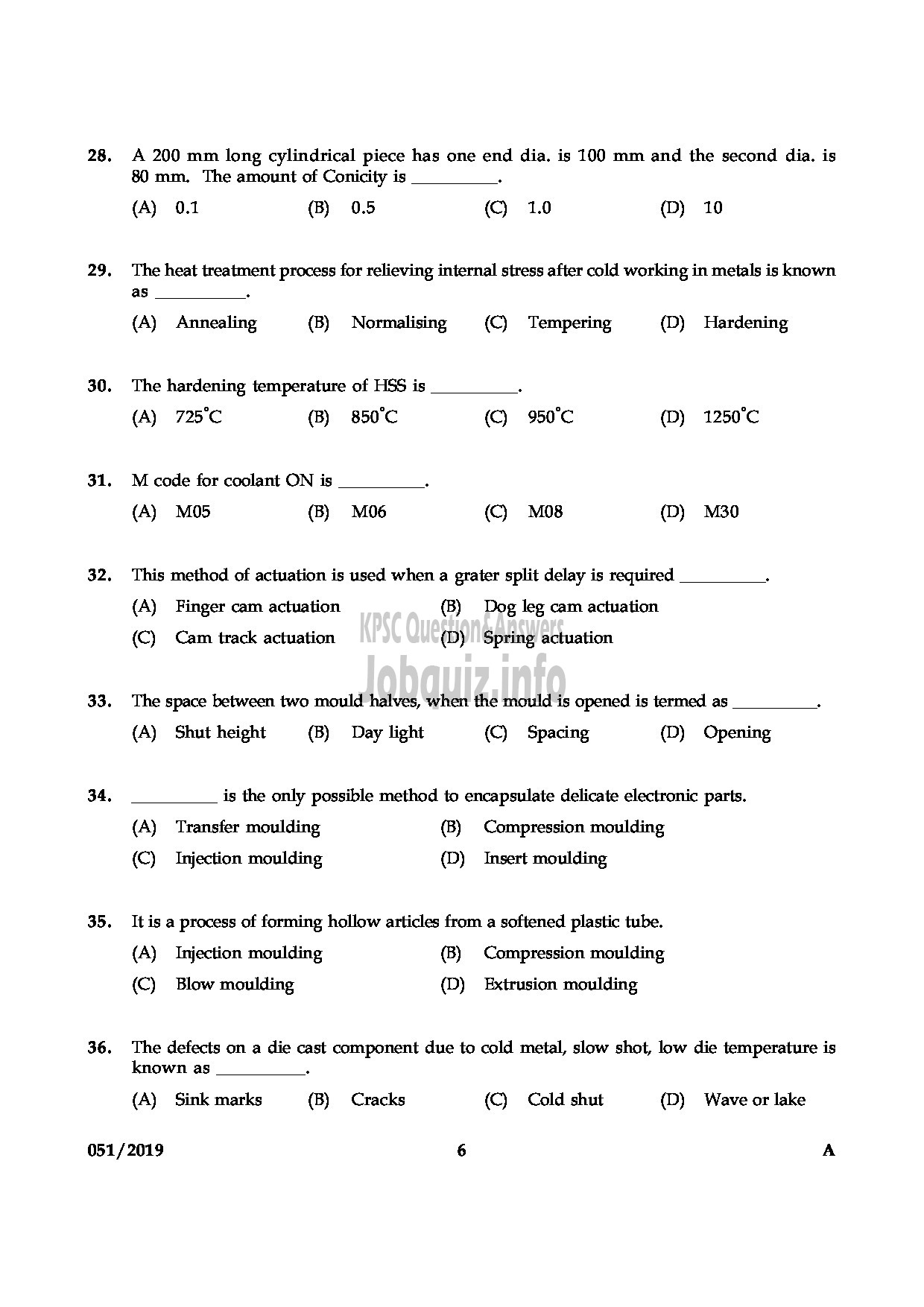 Kerala PSC Question Paper - JUNIOR INSTRUCTOR TOOL & DIE MAKER INDUSTRIAL TRAINING English -6