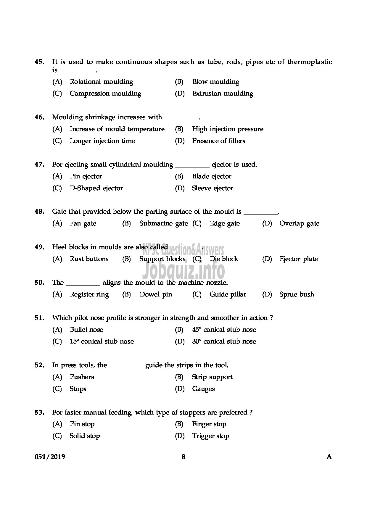 Kerala PSC Question Paper - JUNIOR INSTRUCTOR TOOL & DIE MAKER INDUSTRIAL TRAINING English -8