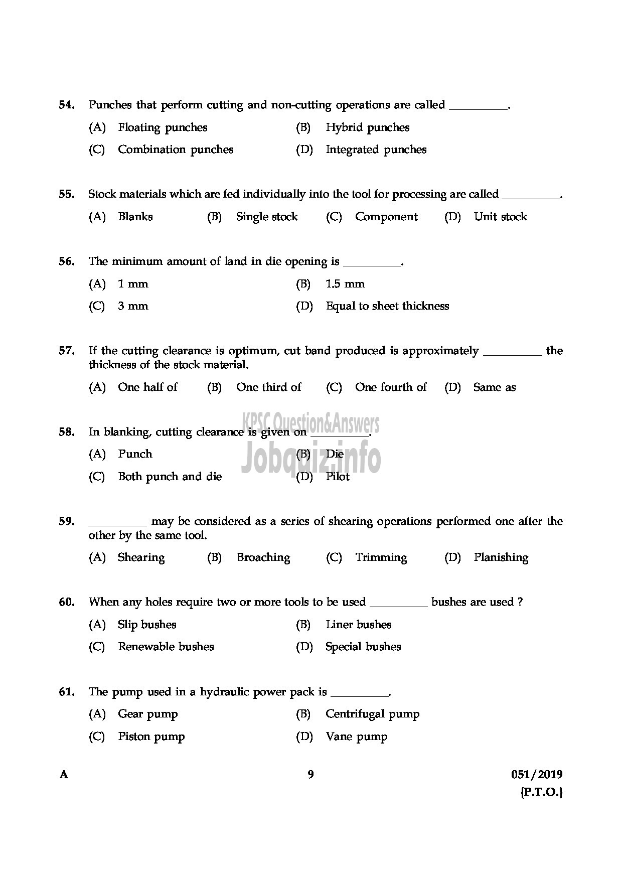 Kerala PSC Question Paper - JUNIOR INSTRUCTOR TOOL & DIE MAKER INDUSTRIAL TRAINING English -9