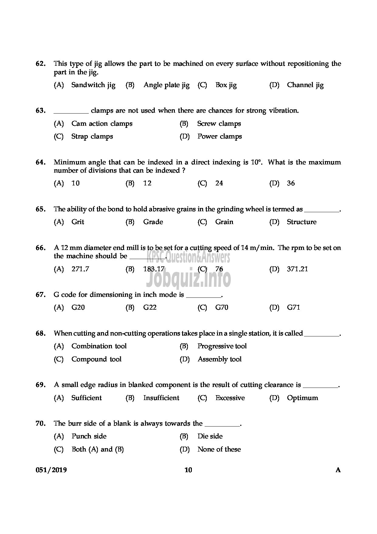 Kerala PSC Question Paper - JUNIOR INSTRUCTOR TOOL & DIE MAKER INDUSTRIAL TRAINING English -10