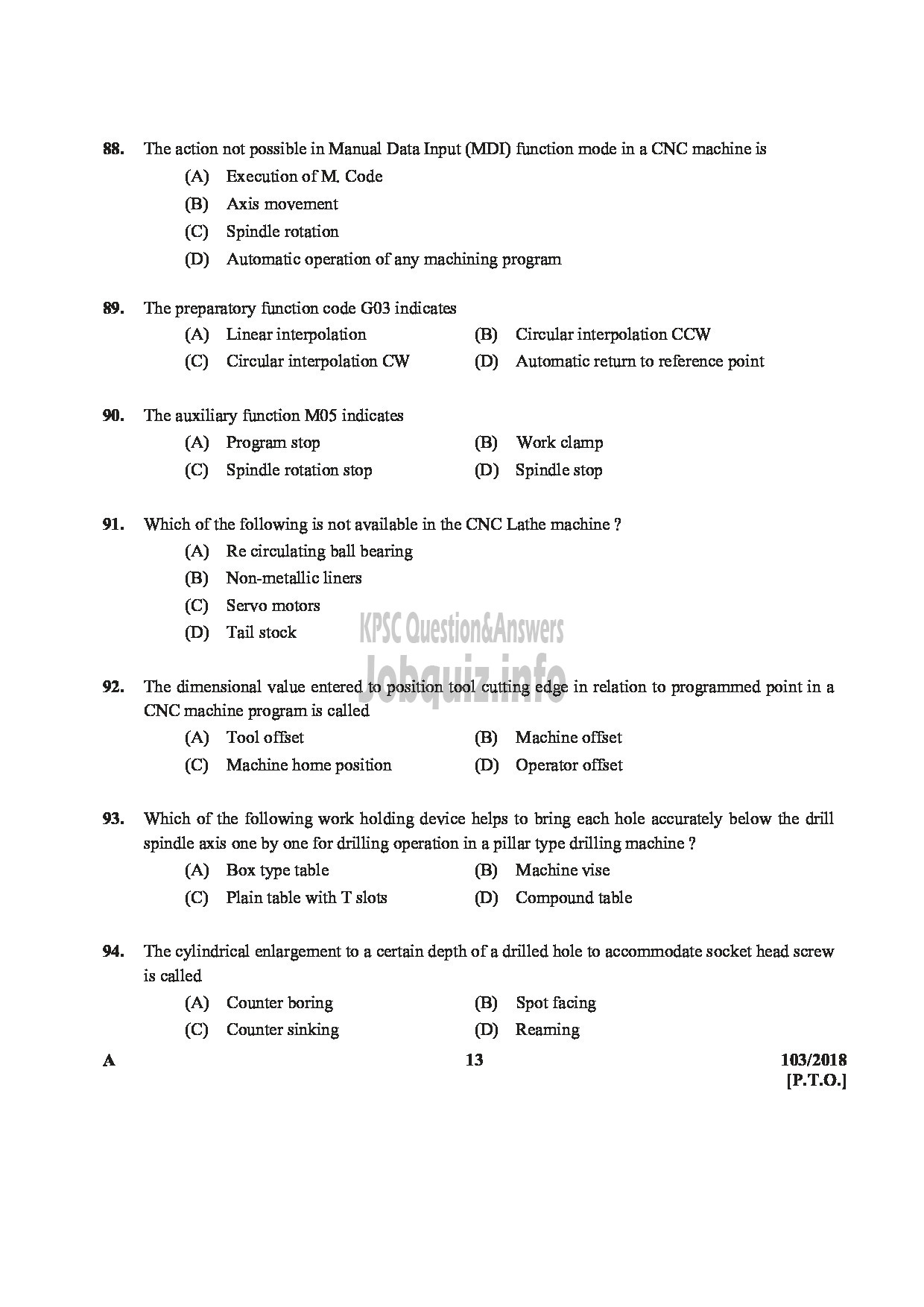 Kerala PSC Question Paper - JUNIOR INSTRUCTOR TURNOR INDUSTRIAL TRAINING DEPARTMENT ENGLISH -13