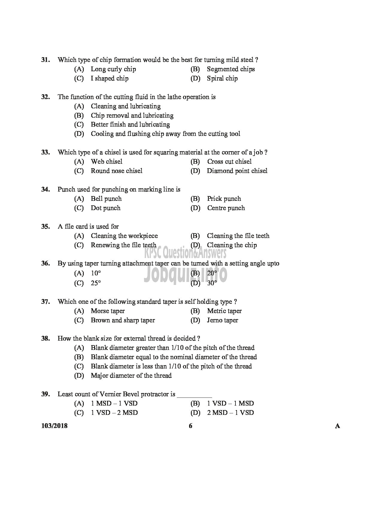 Kerala PSC Question Paper - JUNIOR INSTRUCTOR TURNOR INDUSTRIAL TRAINING DEPARTMENT ENGLISH -6