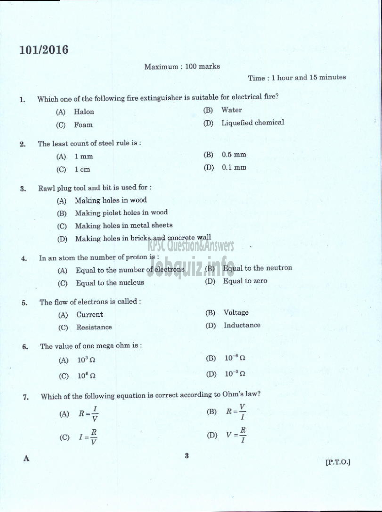 Kerala PSC Question Paper - JUNIOR INSTRUCTOR WIREMAN INDUSTRIAL TRAINING-1