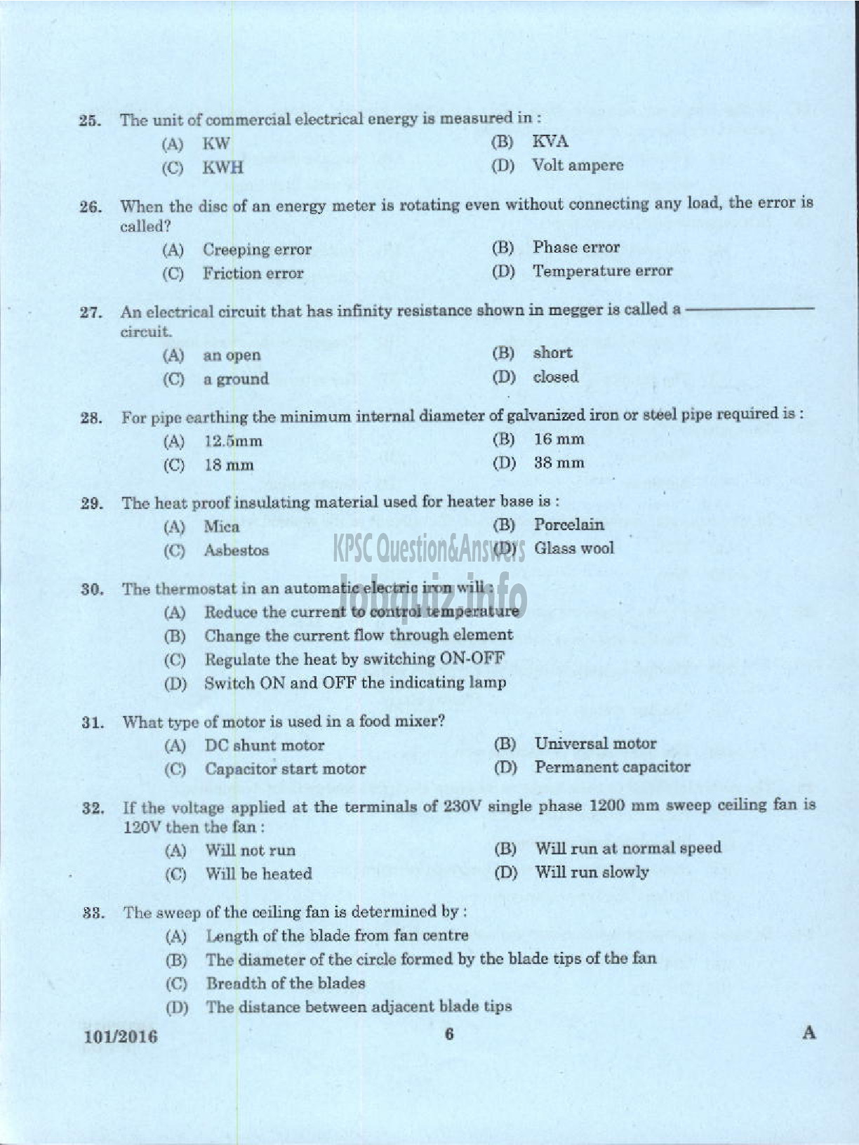 Kerala PSC Question Paper - JUNIOR INSTRUCTOR WIREMAN INDUSTRIAL TRAINING-4