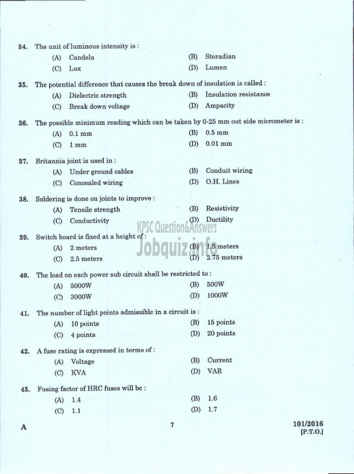 Kerala PSC Question Paper - JUNIOR INSTRUCTOR WIREMAN INDUSTRIAL TRAINING-5