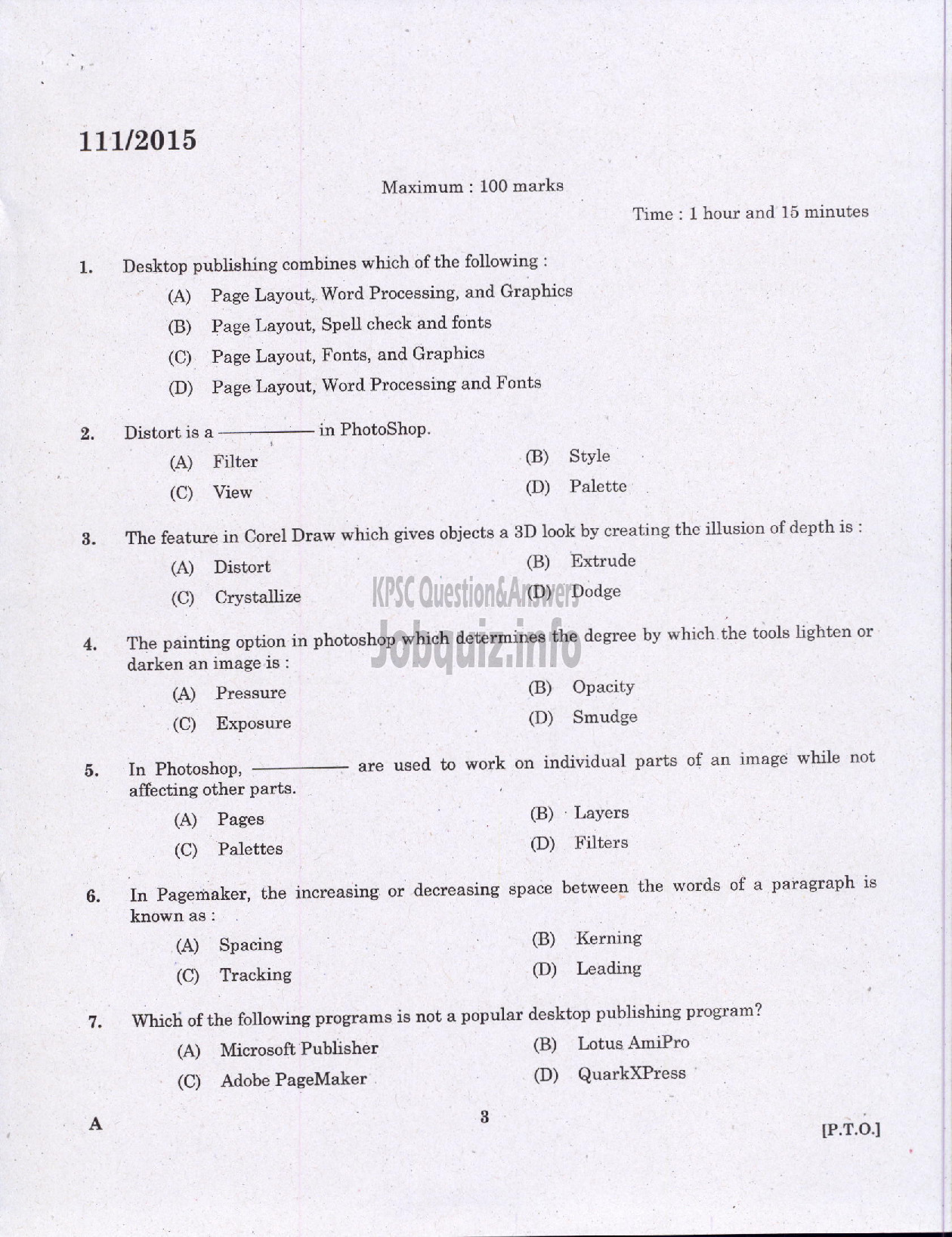 Kerala PSC Question Paper - JUNIOR INSTTRUCTOR DESKTOP PUBLISHING OPERATOR INDUSTRIAL TRAINING-1