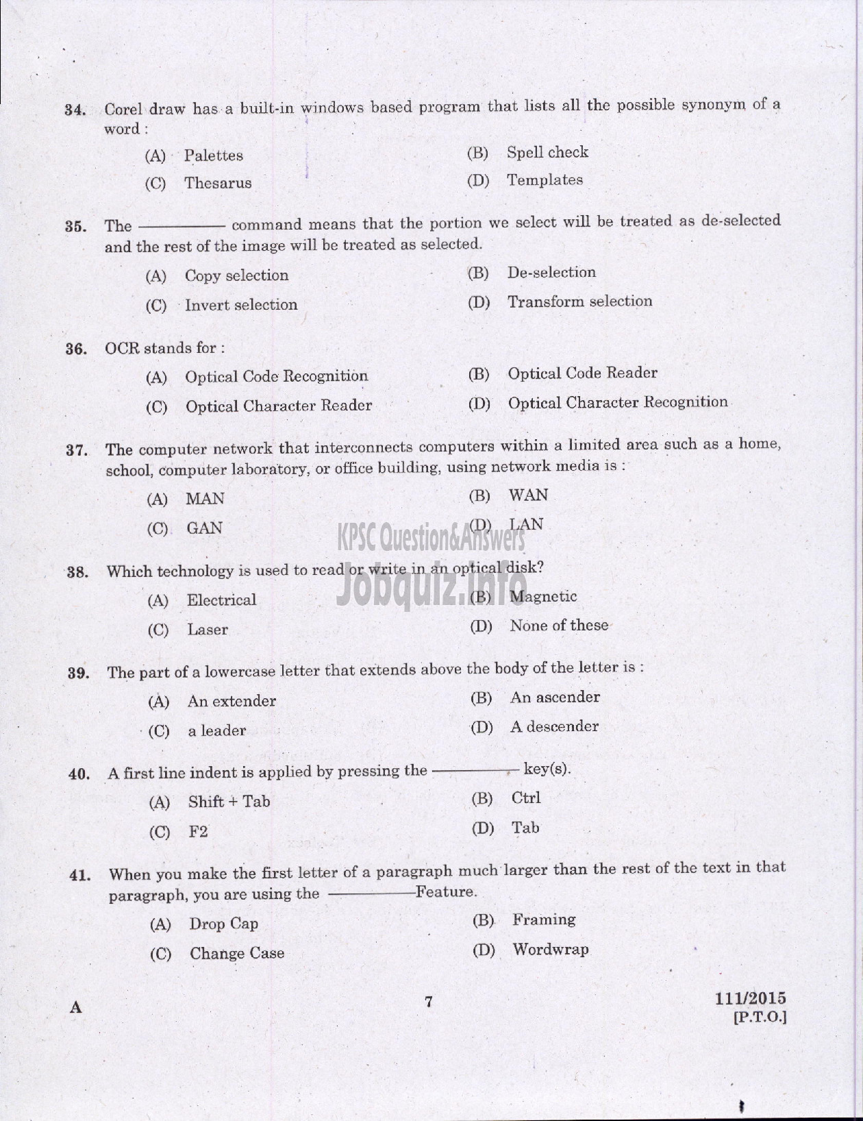 Kerala PSC Question Paper - JUNIOR INSTTRUCTOR DESKTOP PUBLISHING OPERATOR INDUSTRIAL TRAINING-5