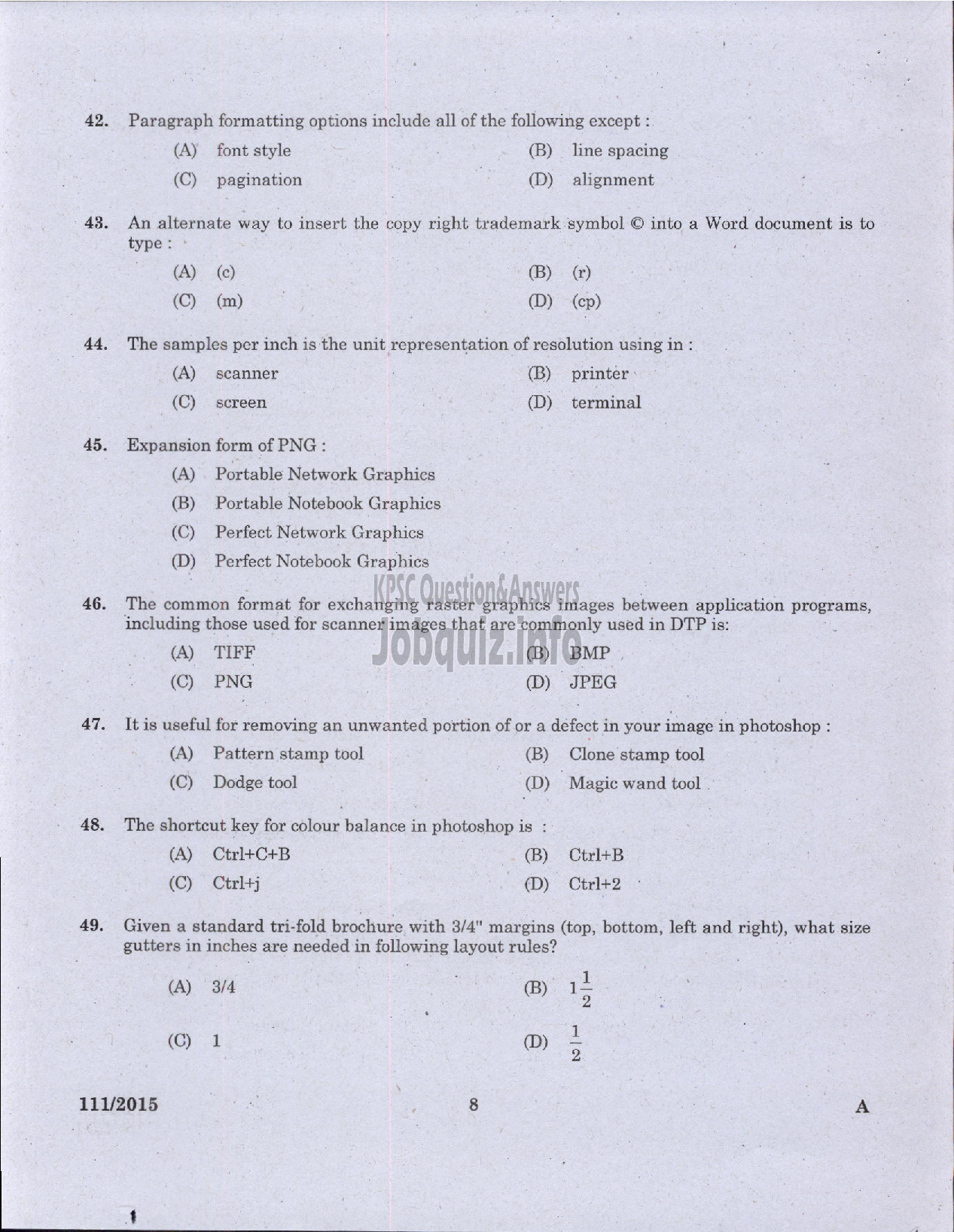 Kerala PSC Question Paper - JUNIOR INSTTRUCTOR DESKTOP PUBLISHING OPERATOR INDUSTRIAL TRAINING-6