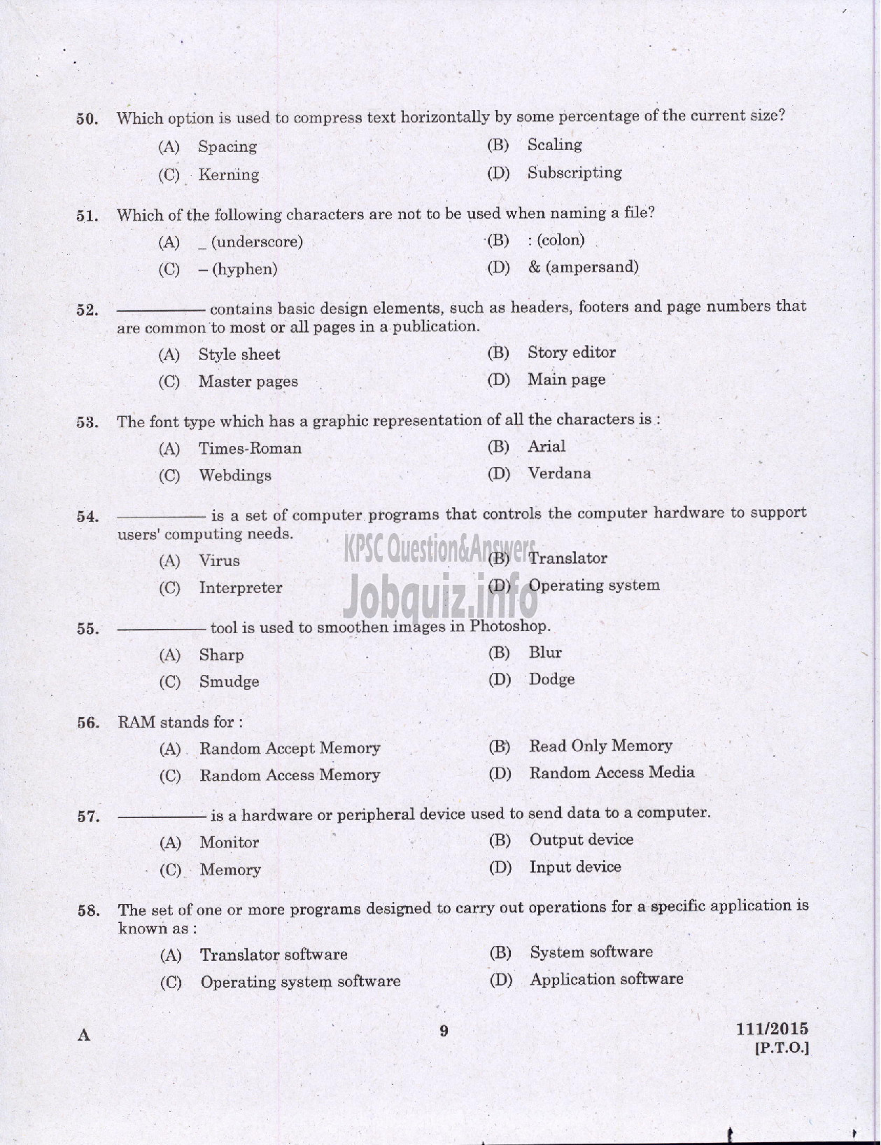 Kerala PSC Question Paper - JUNIOR INSTTRUCTOR DESKTOP PUBLISHING OPERATOR INDUSTRIAL TRAINING-7