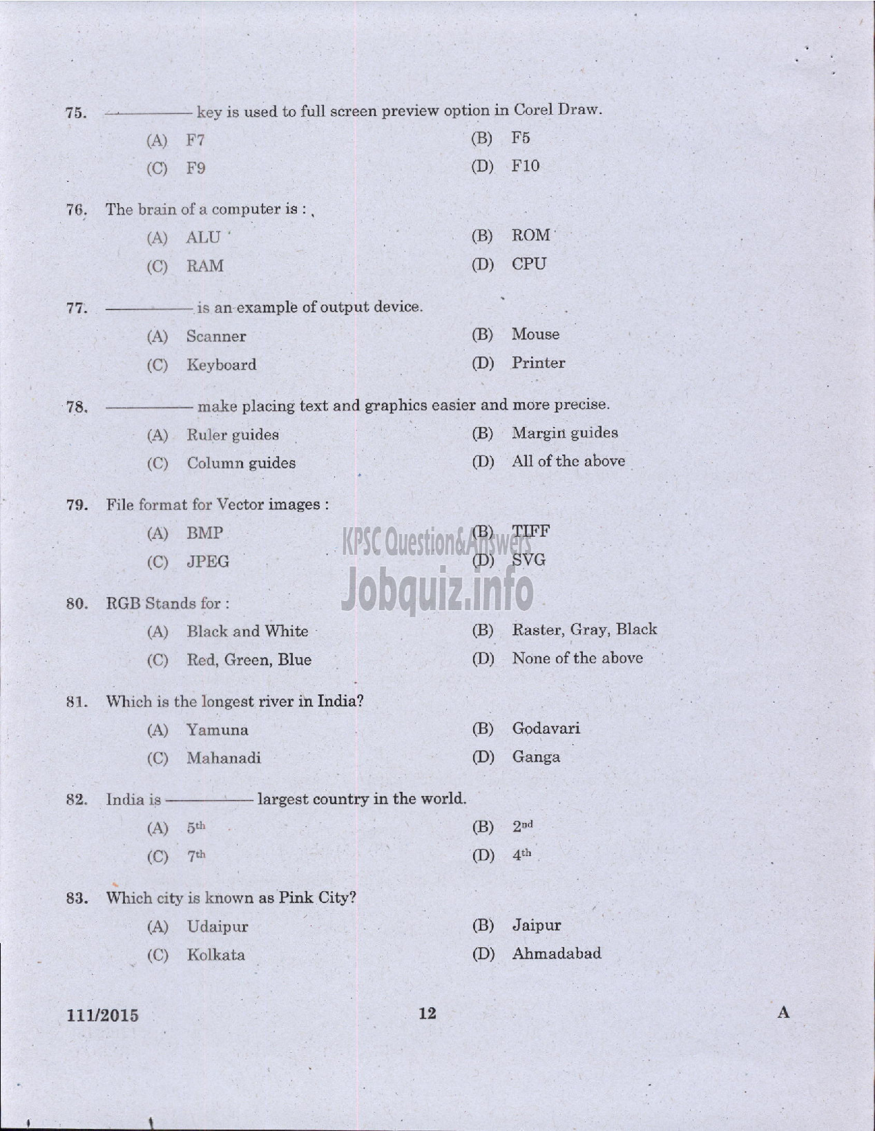 Kerala PSC Question Paper - JUNIOR INSTTRUCTOR DESKTOP PUBLISHING OPERATOR INDUSTRIAL TRAINING-10