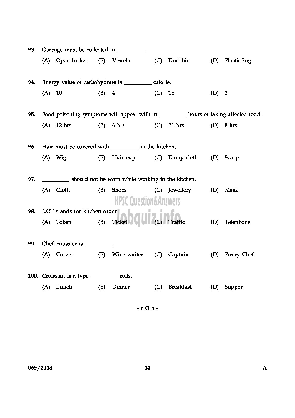 Kerala PSC Question Paper - JUNIOR INSTUCTOR BAKERY AND CONFECTIONARY INDUSTRIAL TRAINING-14