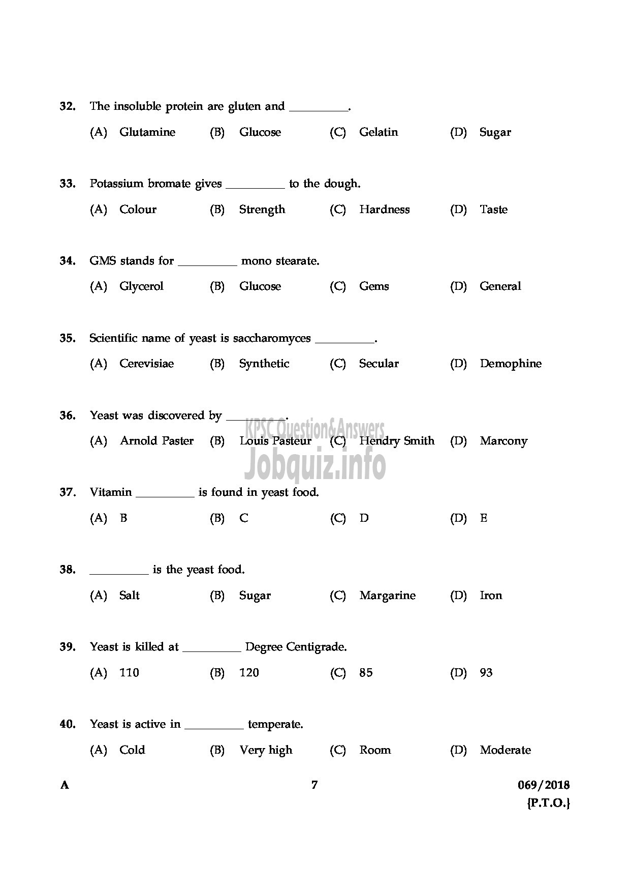 Kerala PSC Question Paper - JUNIOR INSTUCTOR BAKERY AND CONFECTIONARY INDUSTRIAL TRAINING-7