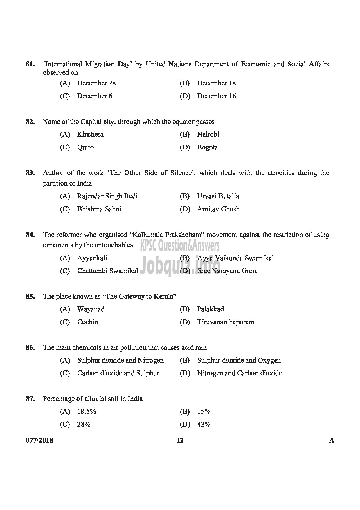 Kerala PSC Question Paper - JUNIOR LABORATORY ASSISTANT LABORATORY TECHNICIAN GR.II MEDICAL EDUCATION HEALTH SERVICES-12