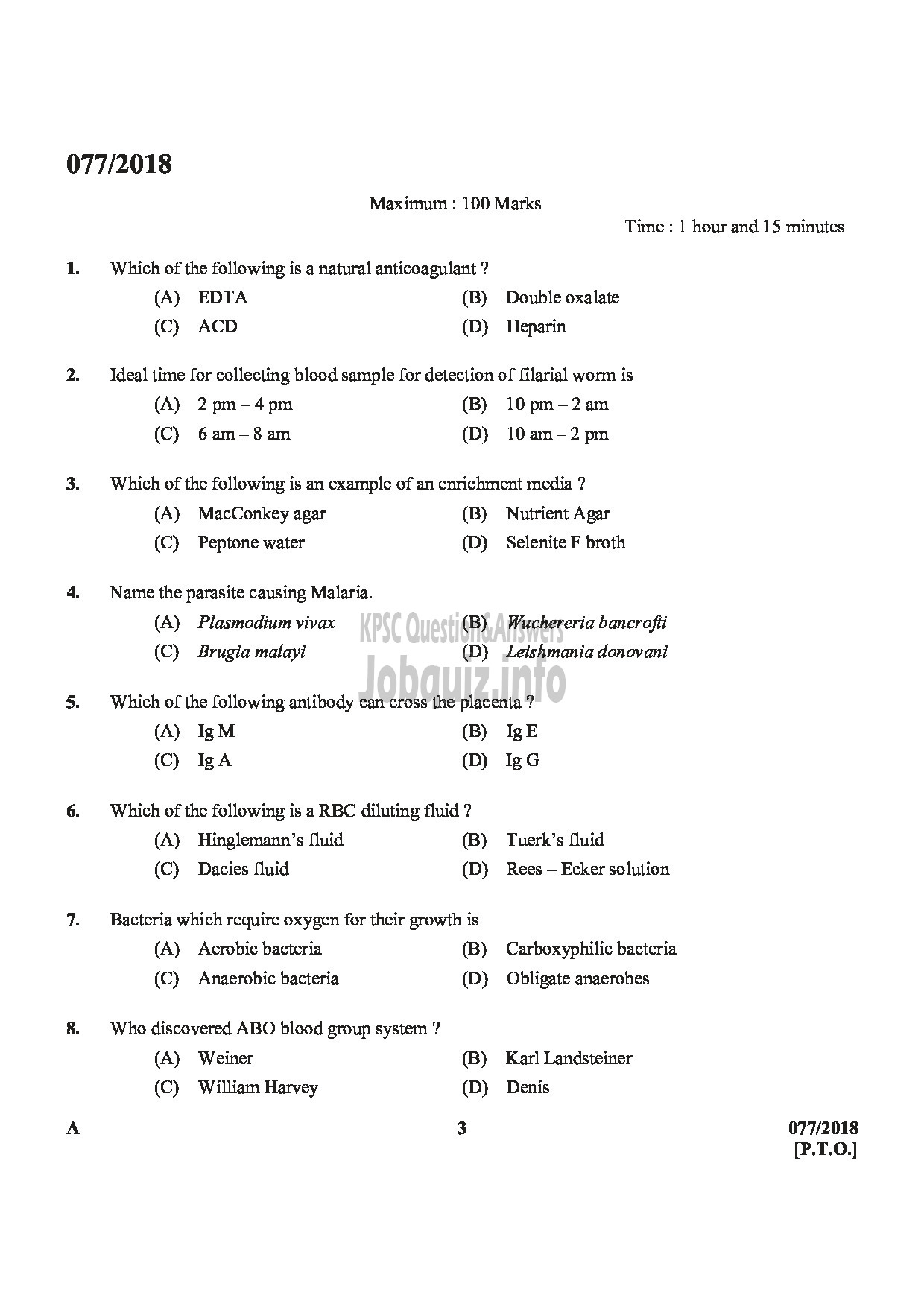 Kerala PSC Question Paper - JUNIOR LABORATORY ASSISTANT LABORATORY TECHNICIAN GR.II MEDICAL EDUCATION HEALTH SERVICES-3