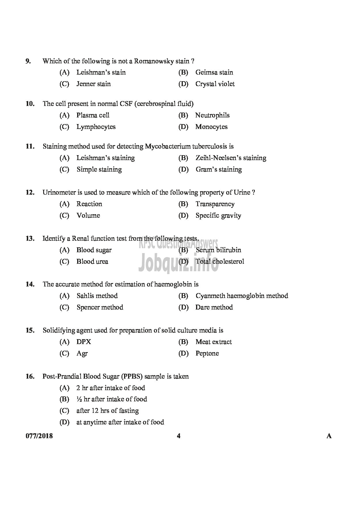 Kerala PSC Question Paper - JUNIOR LABORATORY ASSISTANT LABORATORY TECHNICIAN GR.II MEDICAL EDUCATION HEALTH SERVICES-4