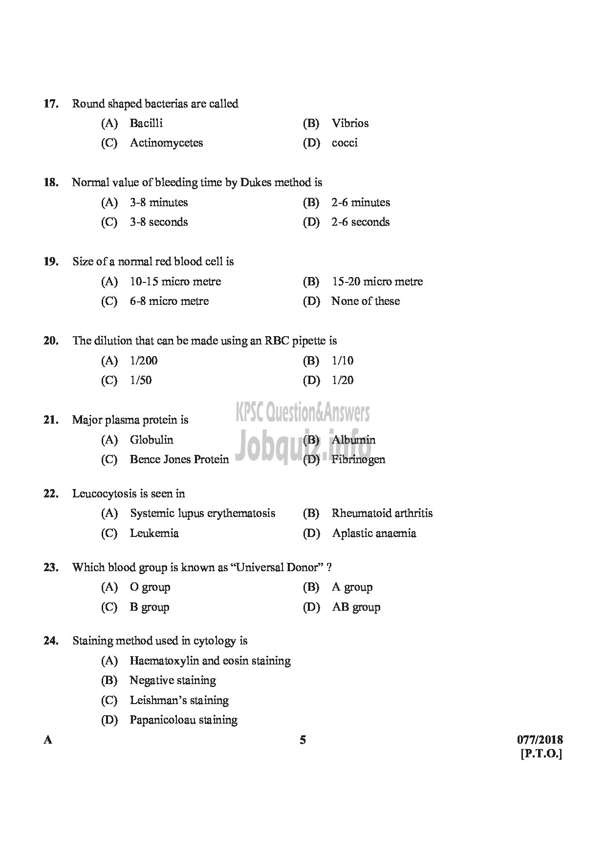 Kerala PSC Question Paper - JUNIOR LABORATORY ASSISTANT LABORATORY TECHNICIAN GR.II MEDICAL EDUCATION HEALTH SERVICES-5