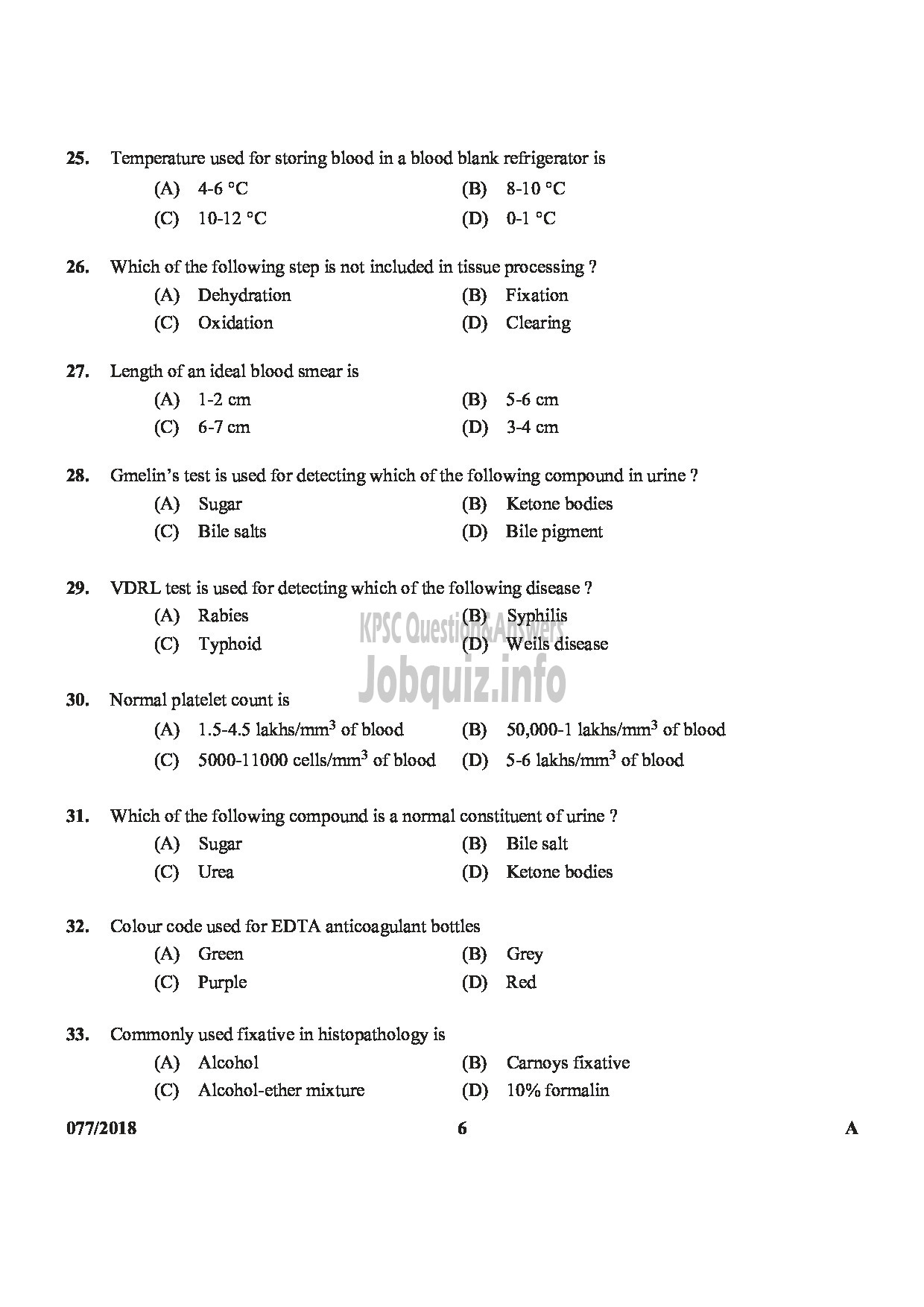 Kerala PSC Question Paper - JUNIOR LABORATORY ASSISTANT LABORATORY TECHNICIAN GR.II MEDICAL EDUCATION HEALTH SERVICES-6