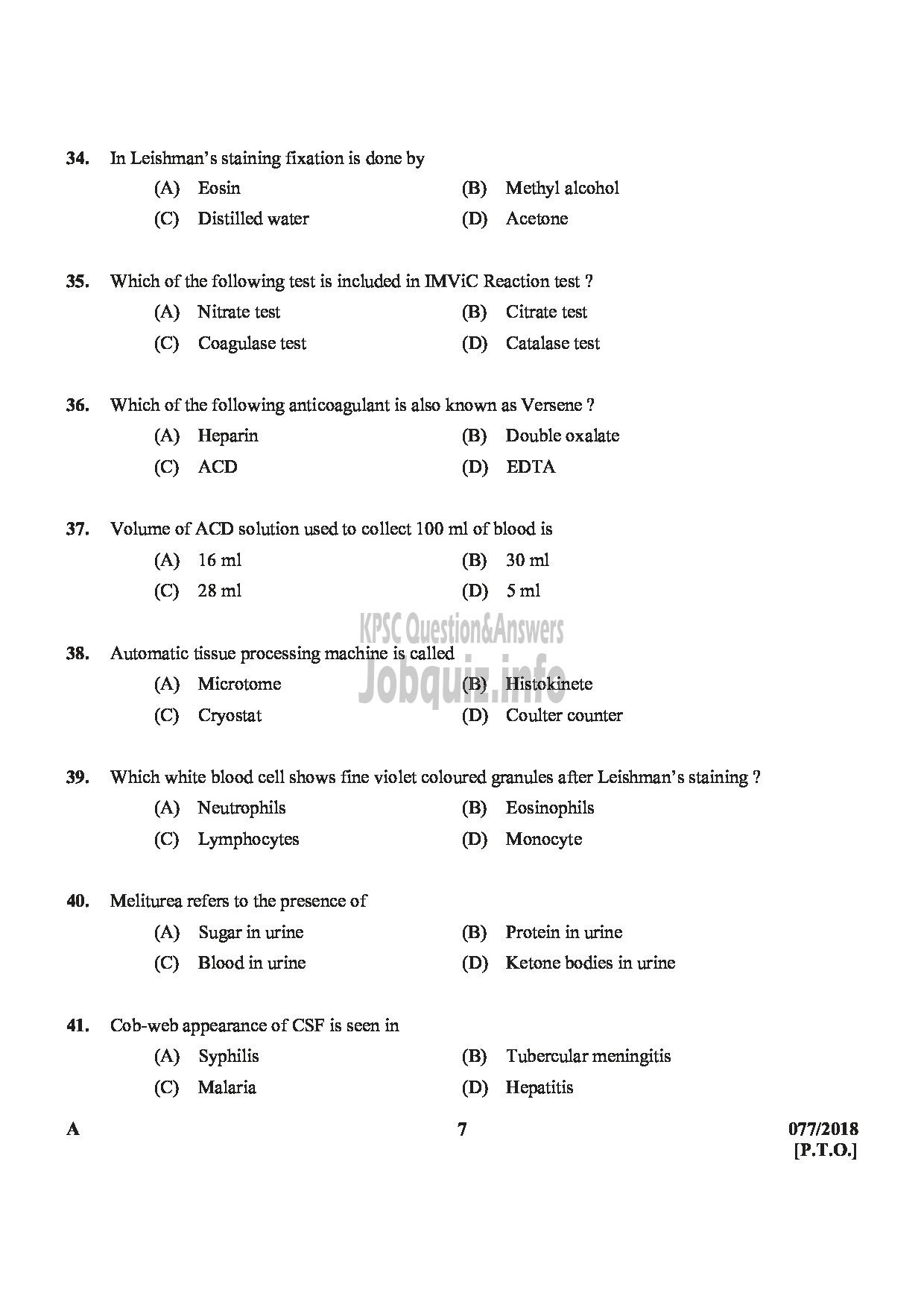 Kerala PSC Question Paper - JUNIOR LABORATORY ASSISTANT LABORATORY TECHNICIAN GR.II MEDICAL EDUCATION HEALTH SERVICES-7