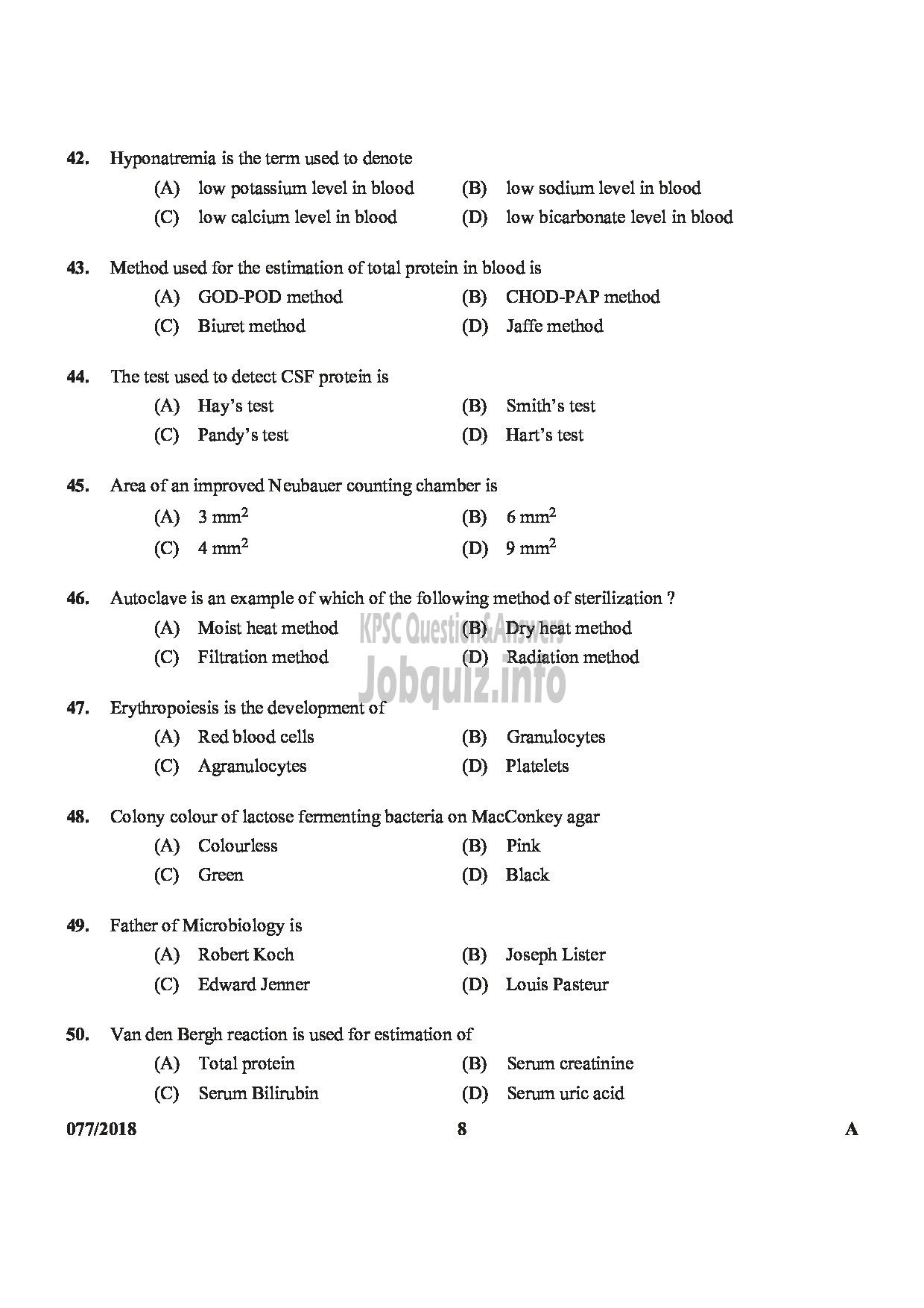 Kerala PSC Question Paper - JUNIOR LABORATORY ASSISTANT LABORATORY TECHNICIAN GR.II MEDICAL EDUCATION HEALTH SERVICES-8