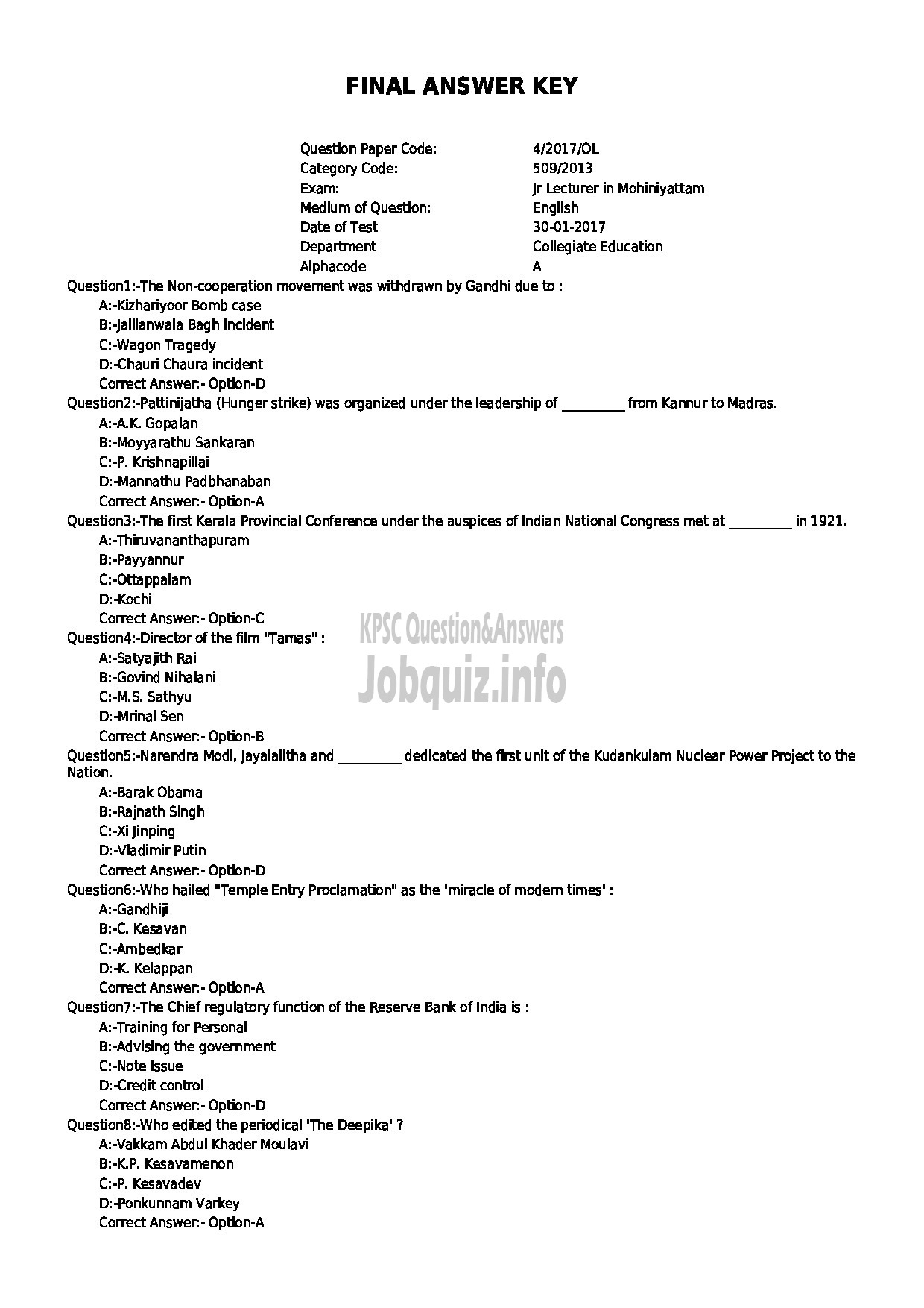 Kerala PSC Question Paper - JUNIOR LECTURER IN MOHINIYATTAM COLLEGIATE EDUCATION-1