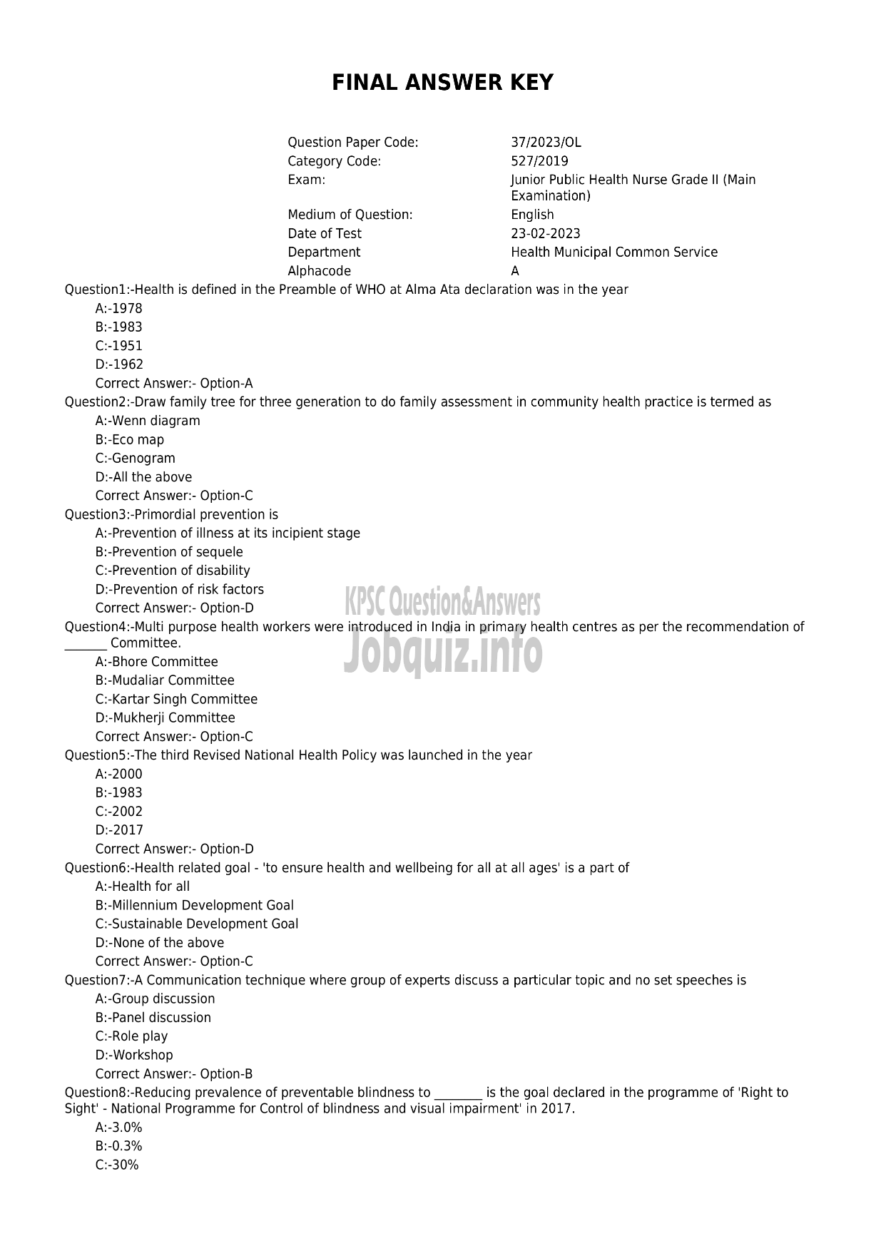 Kerala PSC Question Paper - JUNIOR PUBLIC HEALTH NURSE GRADE II (Main Examination) -1