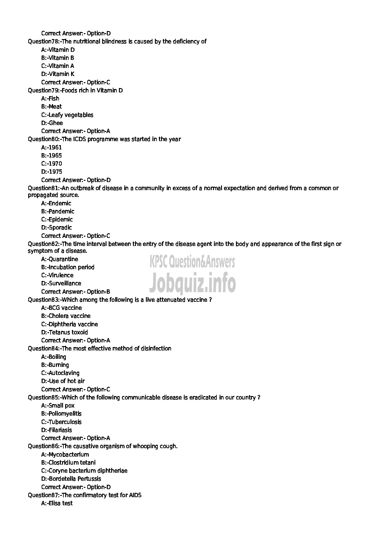 Kerala PSC Question Paper - JUNIOR PUBLIC HEALTH NURSE GR II HEALTH SERVICES-9