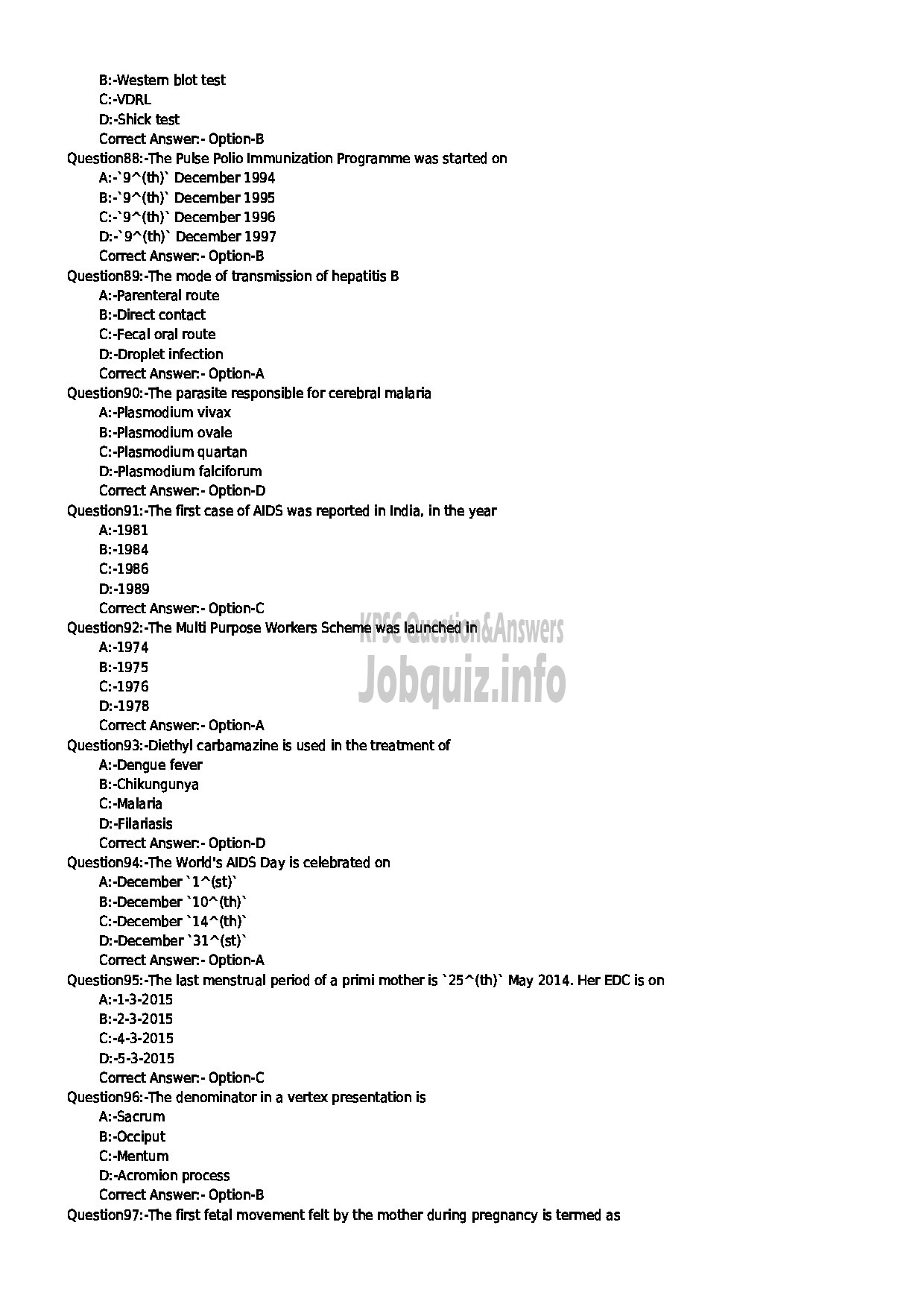 Kerala PSC Question Paper - JUNIOR PUBLIC HEALTH NURSE GR II HEALTH SERVICES-10