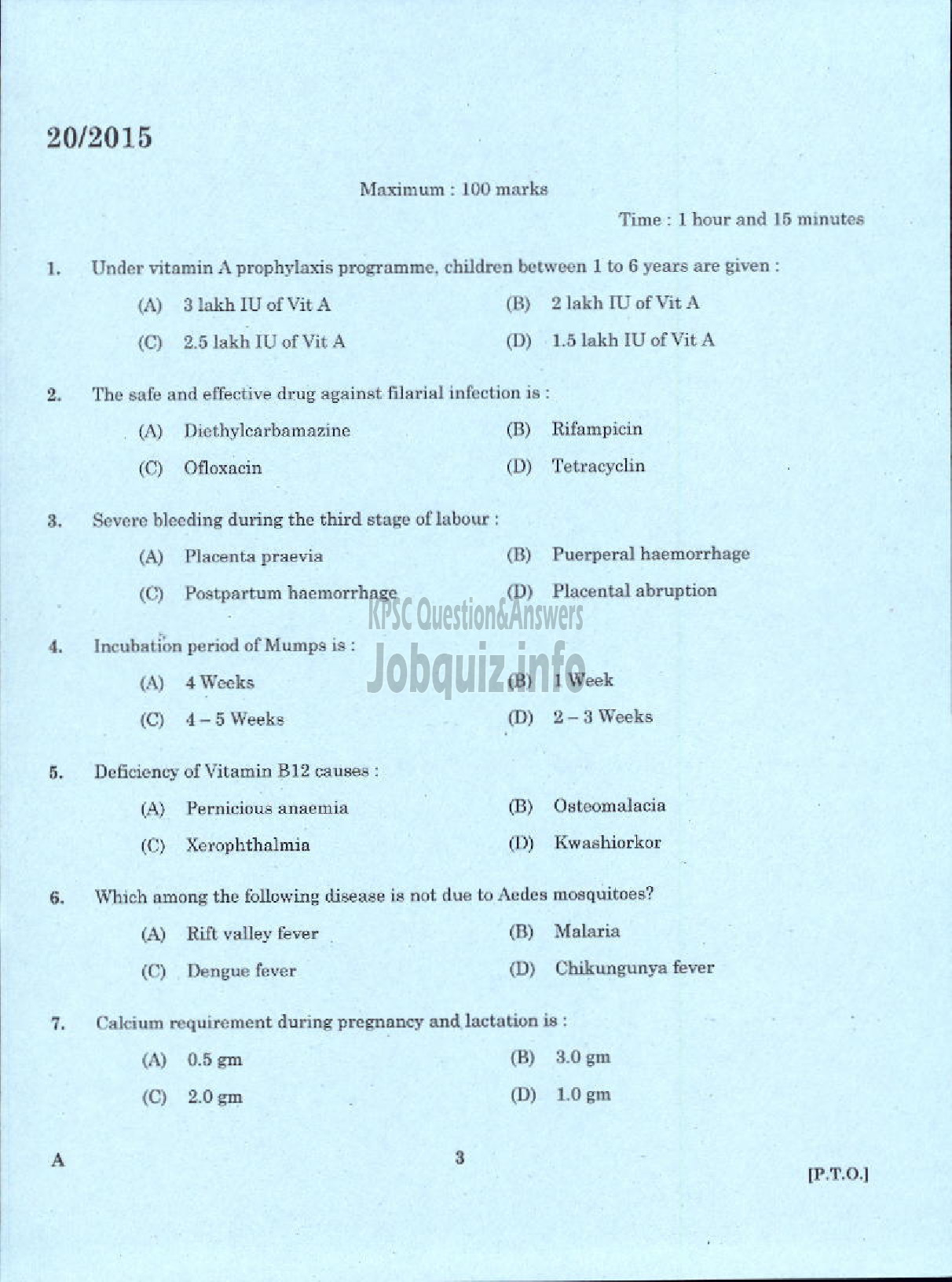 Kerala PSC Question Paper - JUNIOR PUBLIC HEALTH NURSE GR II NCA HEALTH SERVICES-1