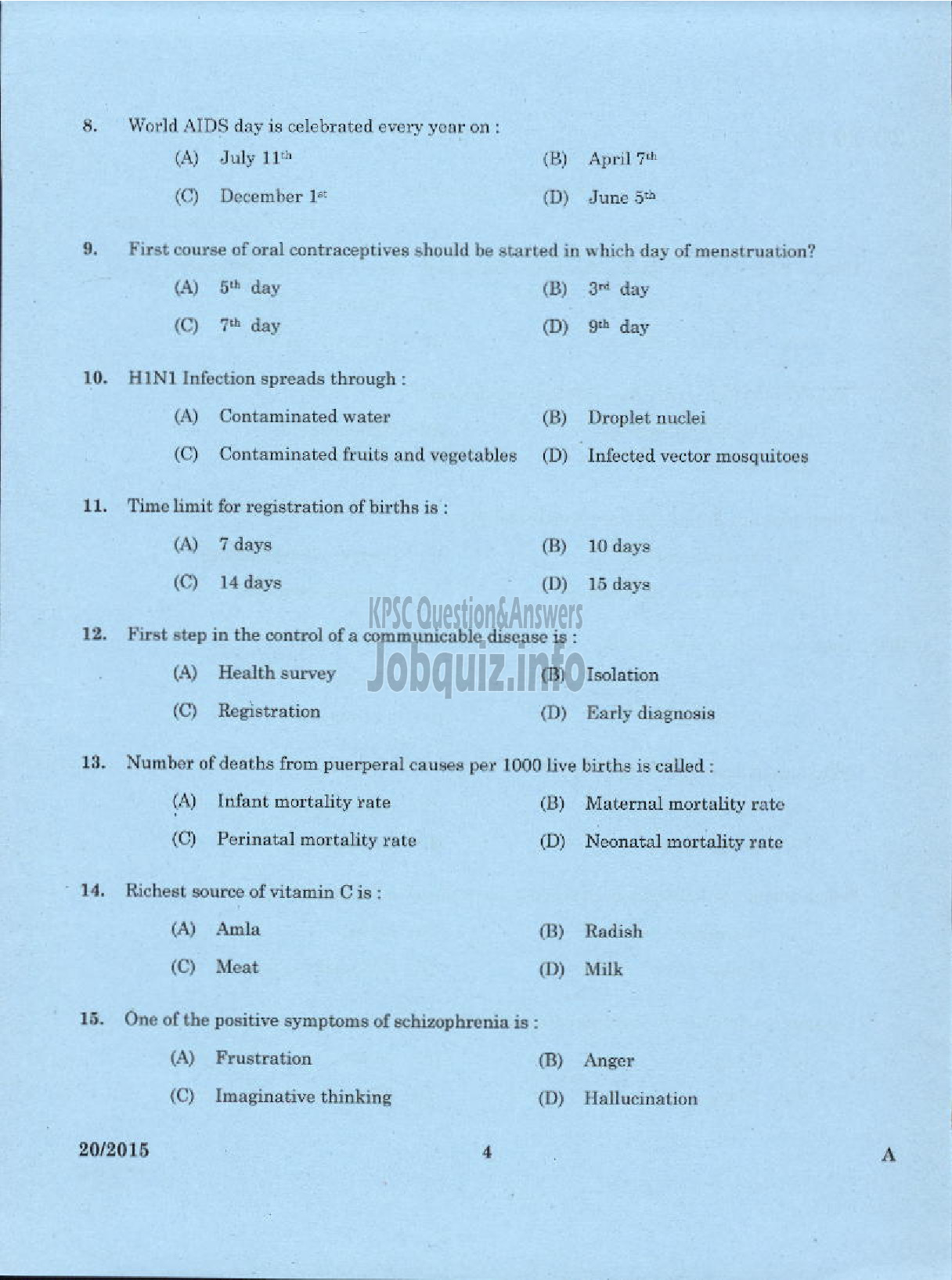 Kerala PSC Question Paper - JUNIOR PUBLIC HEALTH NURSE GR II NCA HEALTH SERVICES-2