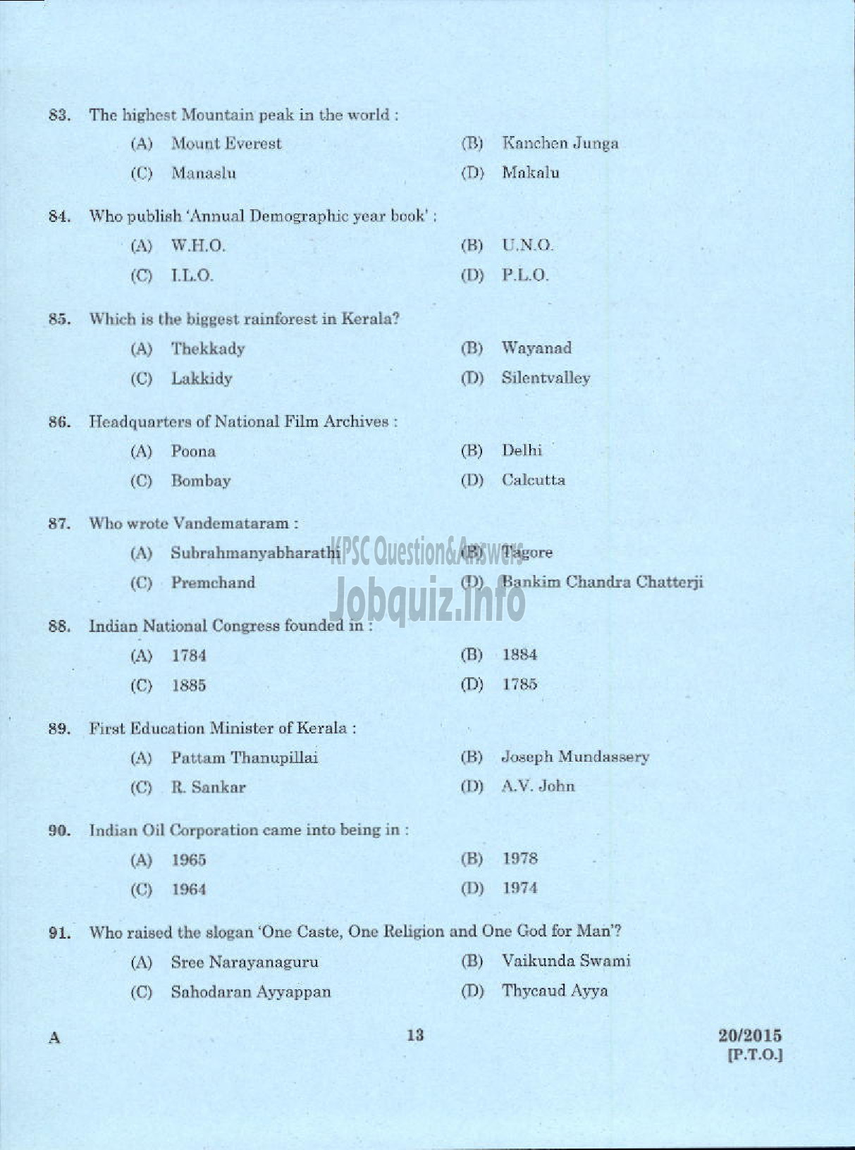 Kerala PSC Question Paper - JUNIOR PUBLIC HEALTH NURSE GR II NCA HEALTH SERVICES-11