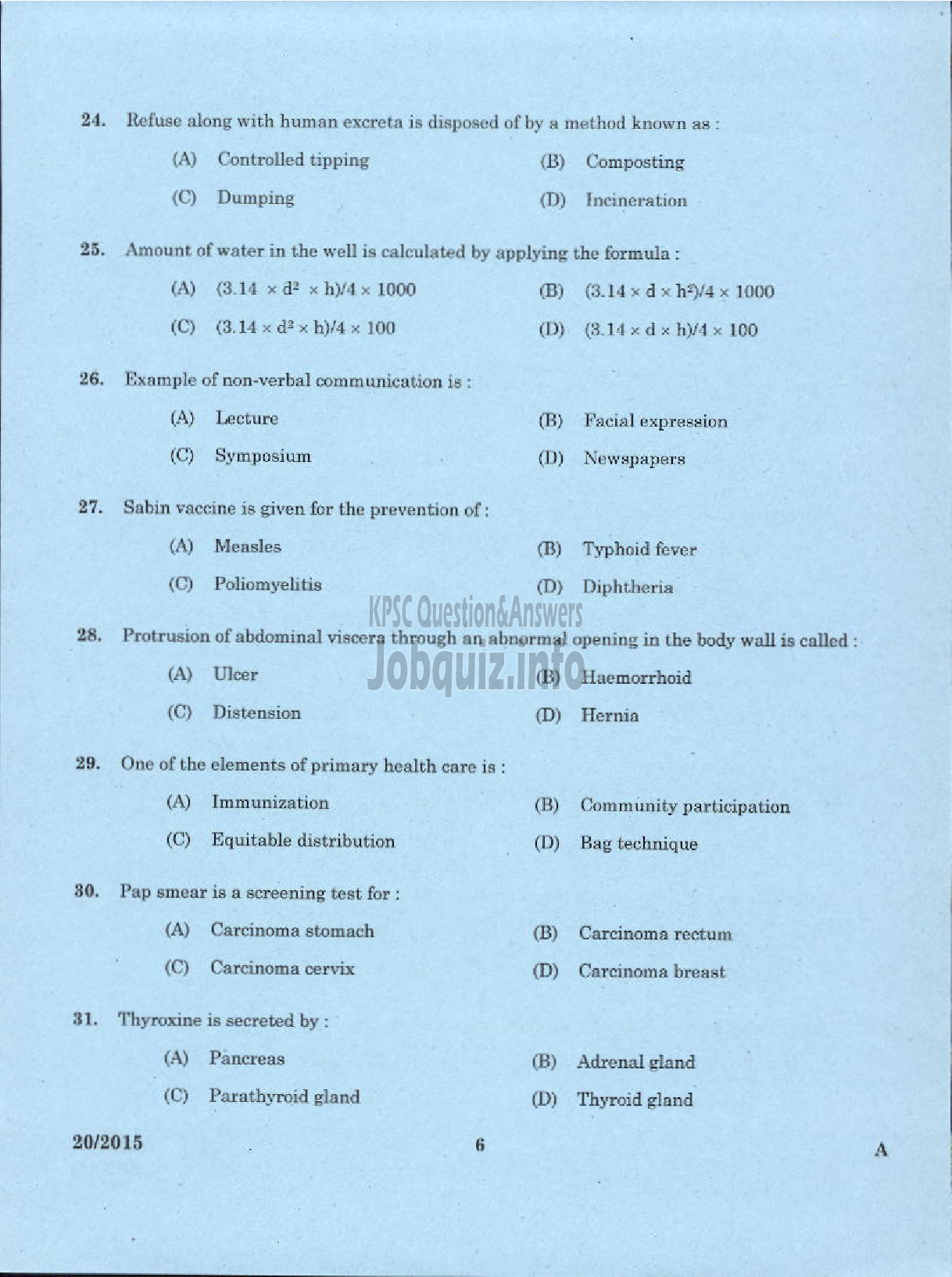 Kerala PSC Question Paper - JUNIOR PUBLIC HEALTH NURSE GR II NCA HEALTH SERVICES-4