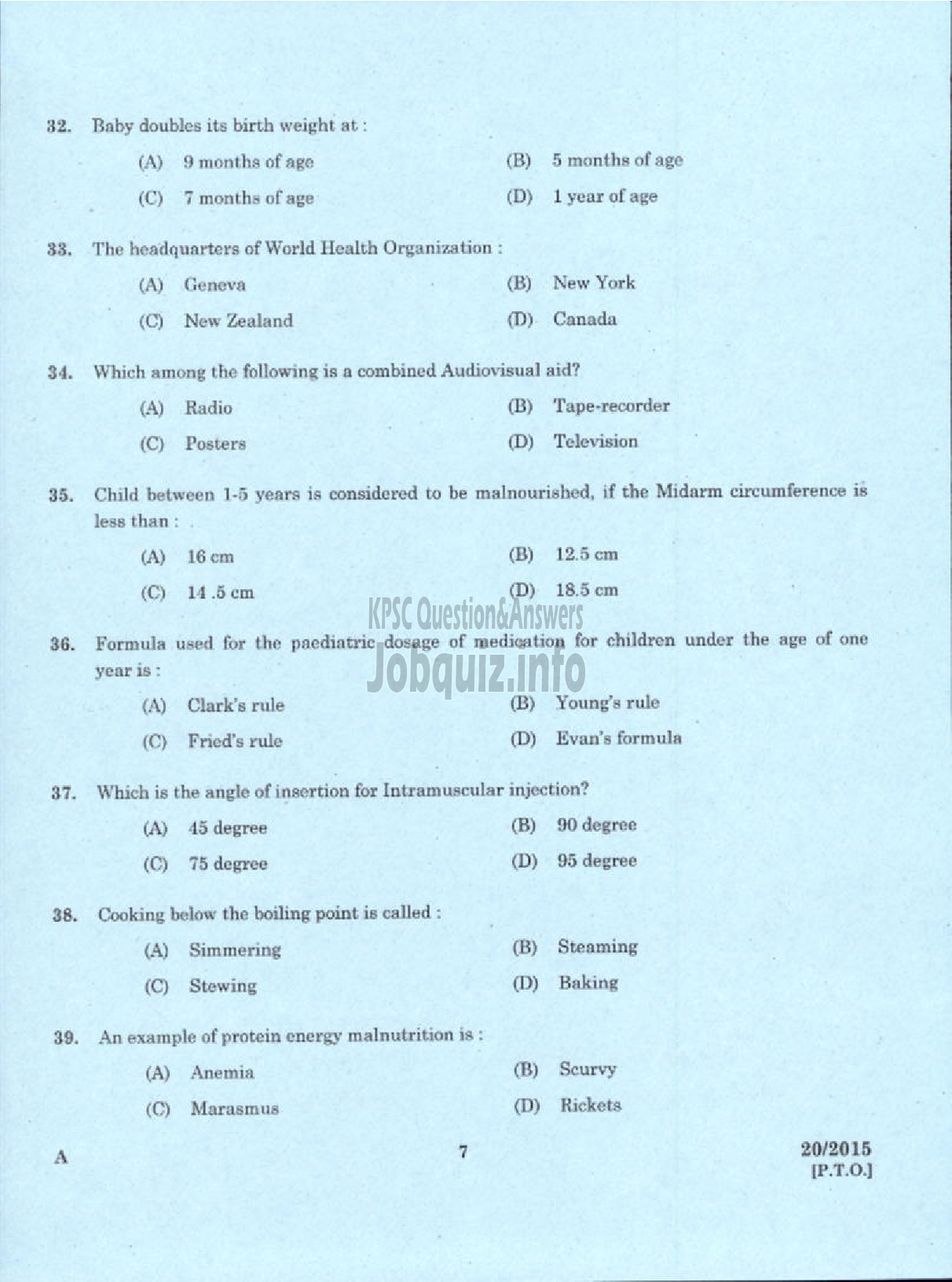 Kerala PSC Question Paper - JUNIOR PUBLIC HEALTH NURSE GR II NCA HEALTH SERVICES-5