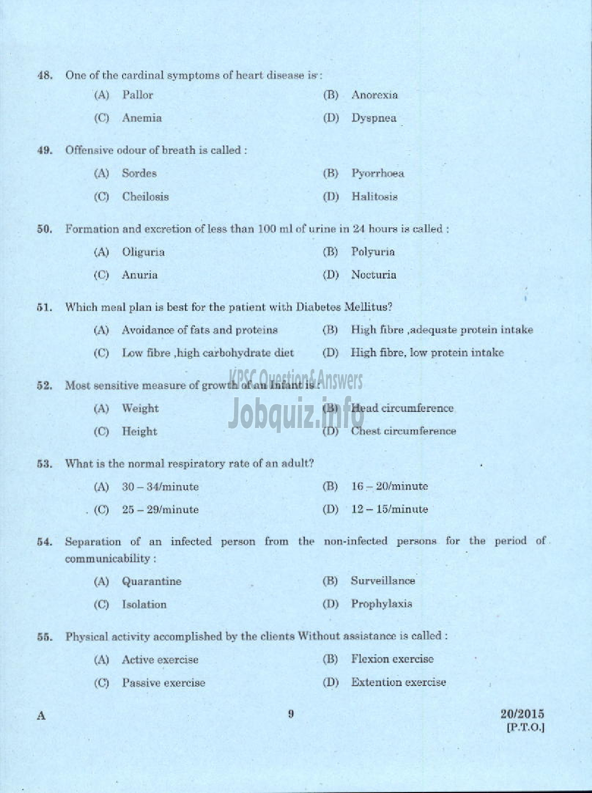 Kerala PSC Question Paper - JUNIOR PUBLIC HEALTH NURSE GR II NCA HEALTH SERVICES-7